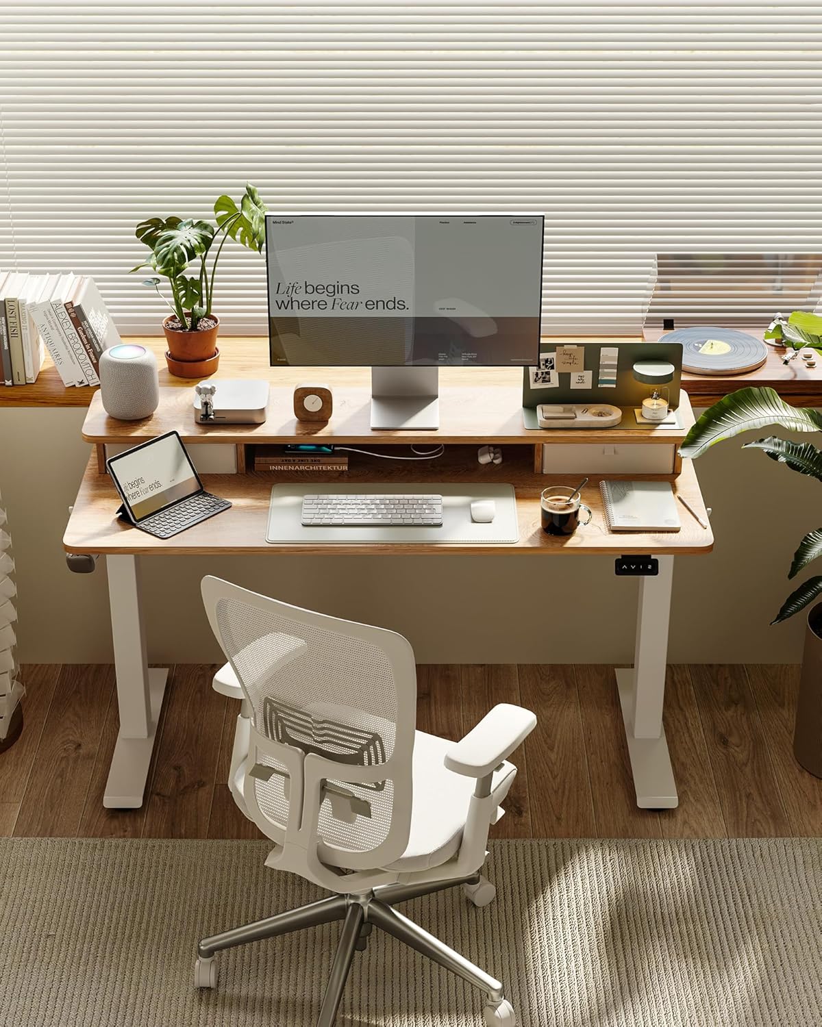 FEZIBO 60 x 24 Inch Height Adjustable Electric Standing Desk with Double Drawer, Computer Desk, Home Office Stand Up Table with 4 Height-Adjustable Feets & 2 Hooks, Maple