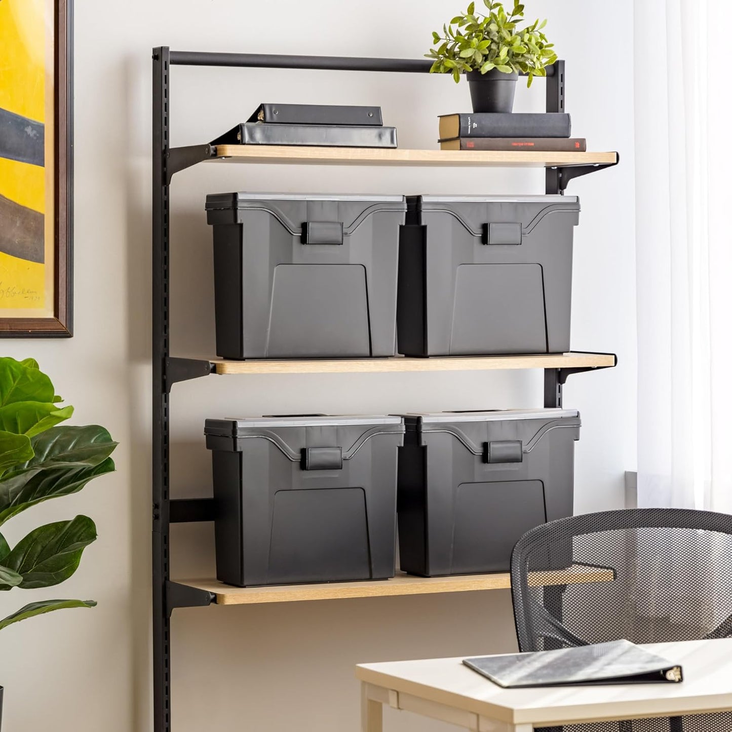 IRIS USA File Box Slim with Lid File Organizer for Letter File w/ Organizer-Lid, Water Resistant Document Box, Plastic Mobile Filing Organizer, Secure Buckle, Portable Handle, Lockable, Black 4 Pack