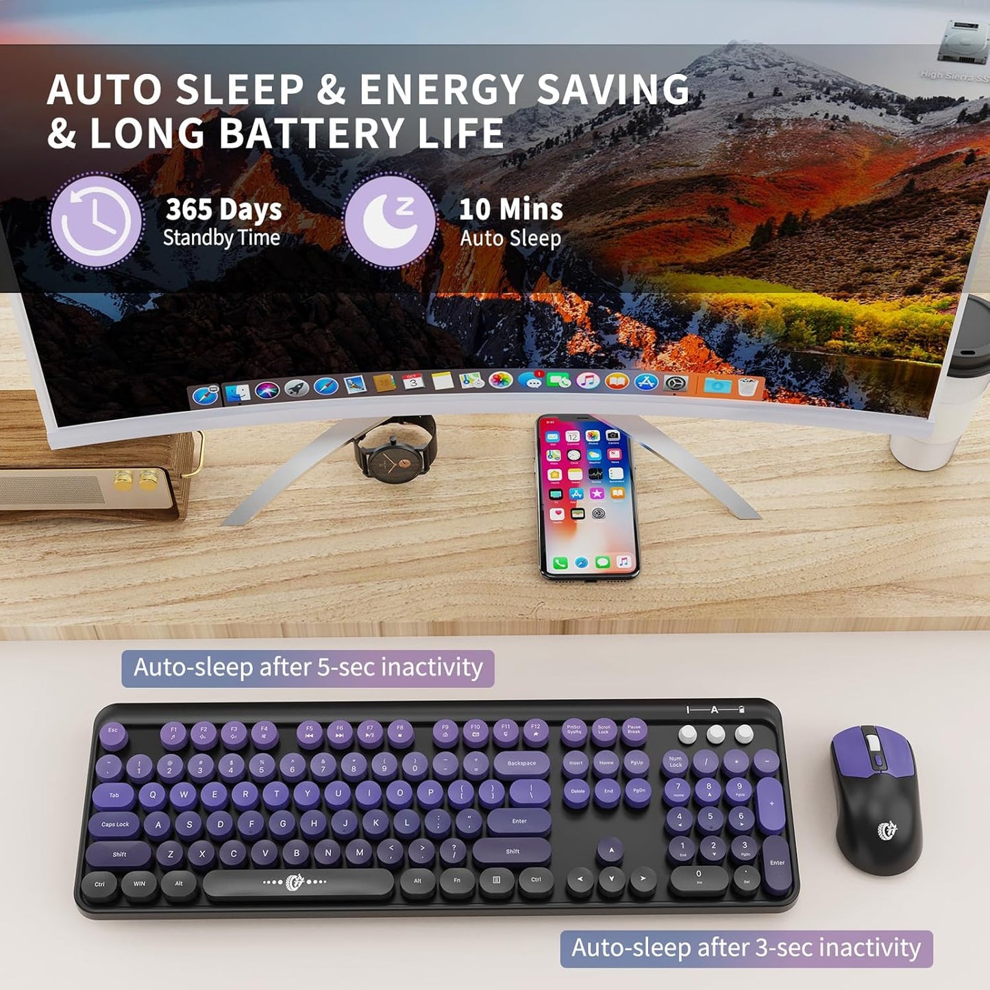 FOPETT Wireless Keyboard and Mouse Combo, 104 Keys Full-Sized 2.4 GHz Round Keycap Colorful Keyboards, USB Receiver Plug and Play, for Windows, Mac, PC, Laptop, Desktop (Black Purple)