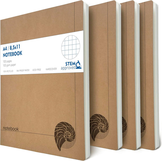 le vent A4 Grid Notebook Set – 4 Pack Graph Paper Journals, 100 Pages, 100gsm, Lay Flat, Eco-Friendly, 8.5x11 Hardcover Look for School, Office, Engineers & Students