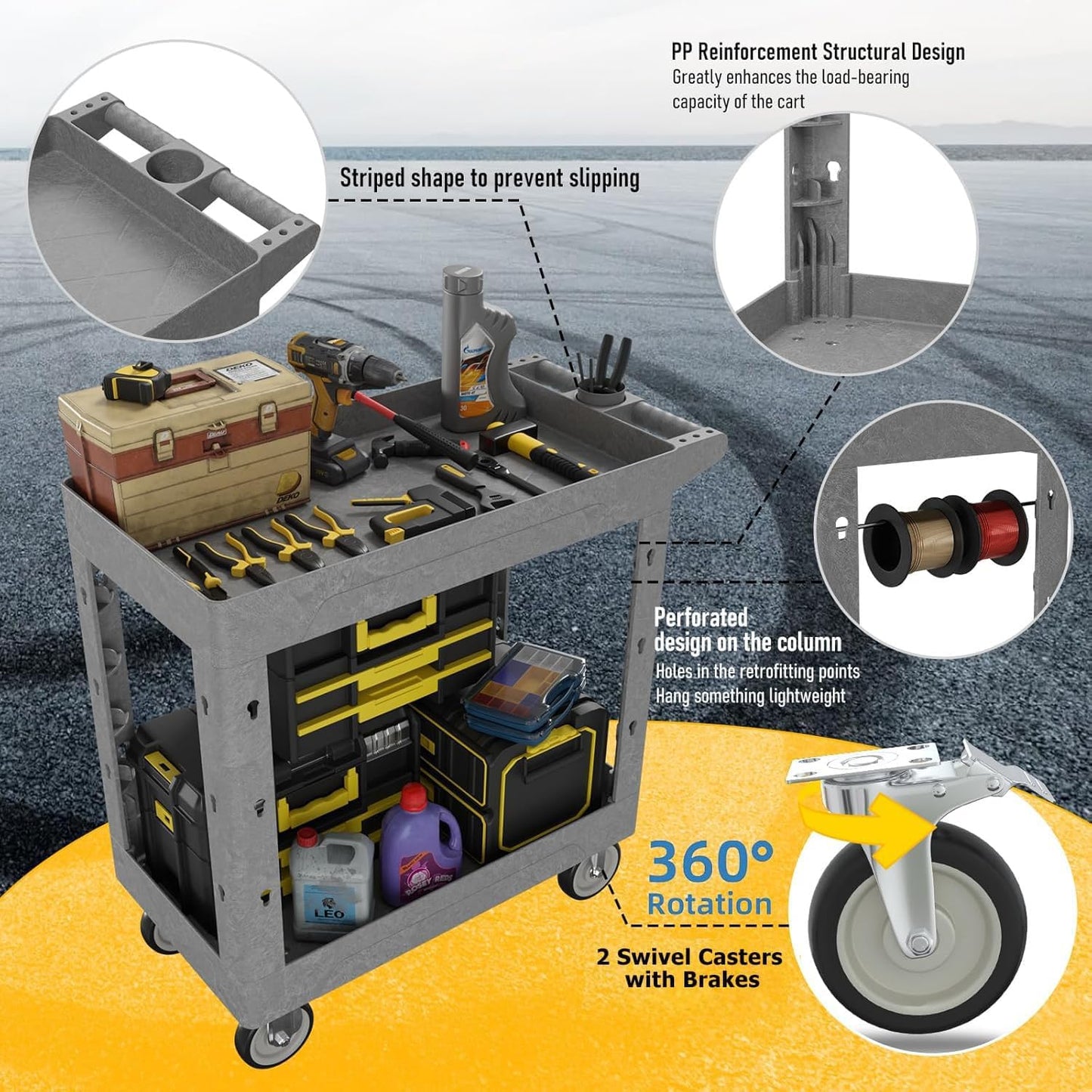 Service Utility Plastic Tool Cart, 34 x 17-Inch Rolling Cart with Deep 2-Shelf Heavy Duty Wheels, 550 lbs Capacity Organizer for Garage, Warehouse, Workshop