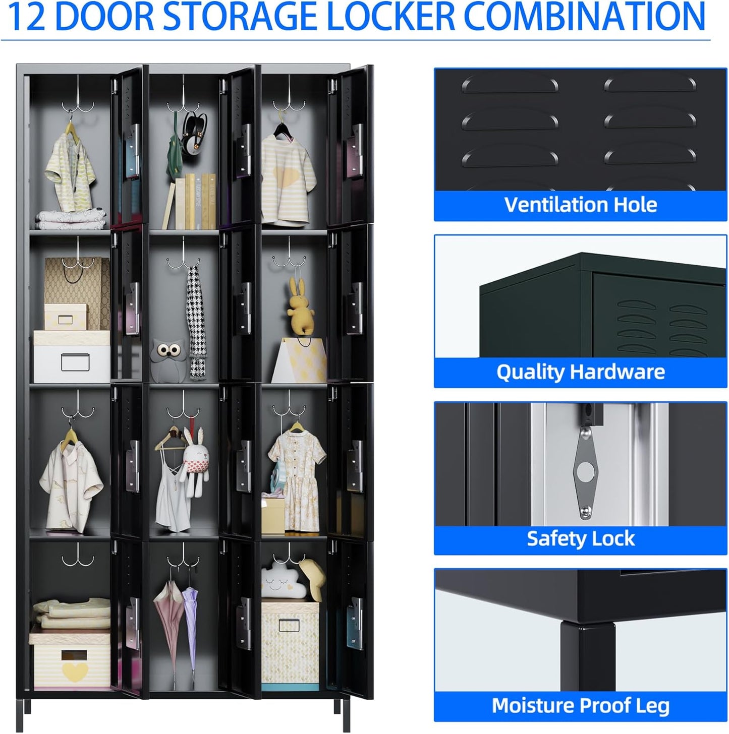 12 Doors Metal Lockers for Employees with Lock, Metal Locker with 12 Hooks for School Garage Office Gym Home,Assembly Required,Black