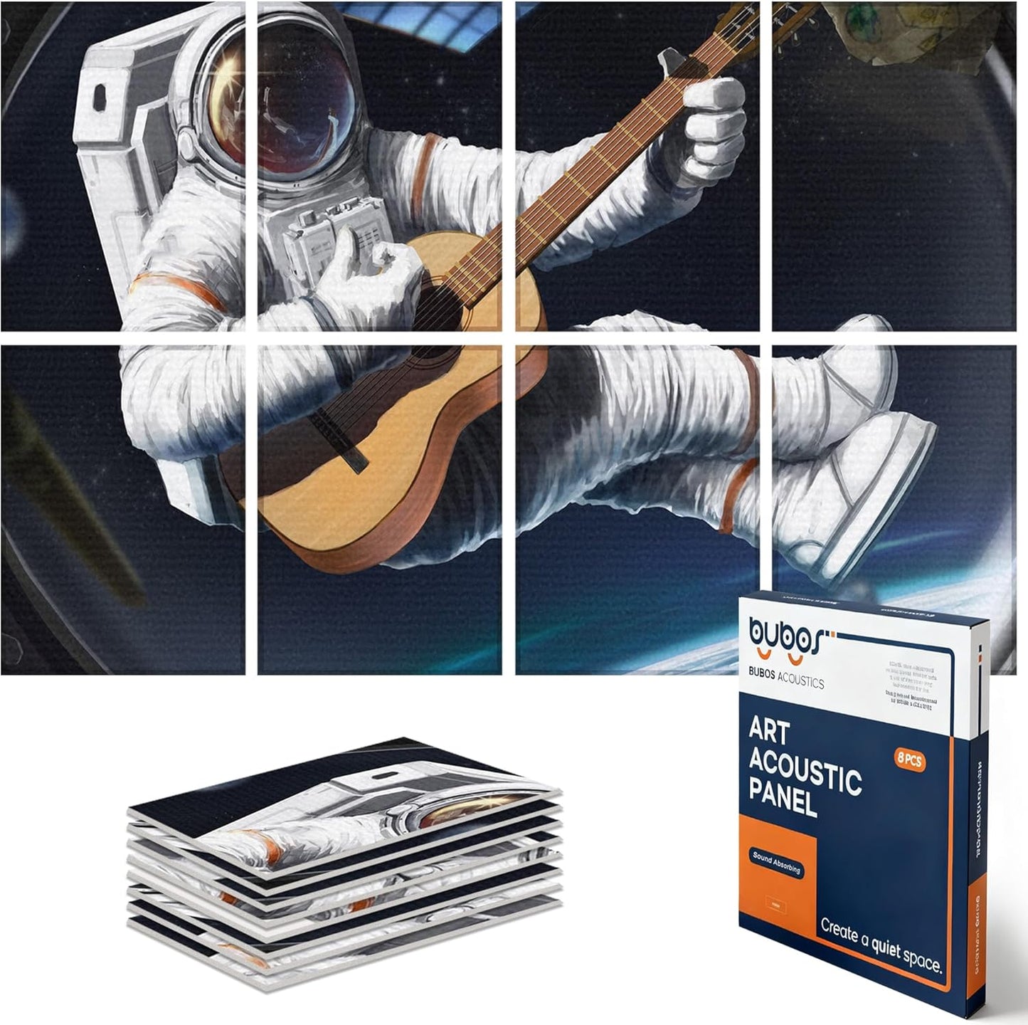 BUBOS 8 Pack Art Acoustic Panels Soundproof Wall Panel,47.2X31.4 Inches Sound Absorbing Panel,Self-adhesive Decorative Acoustical Wall Panels, Acoustic Treatment for Ceiling Home Office（Space Guitar）