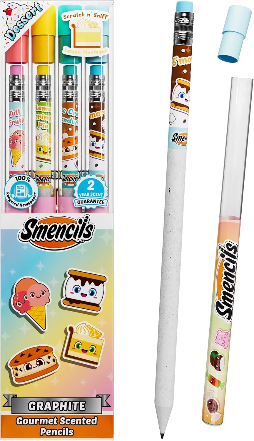 Smencils Dessert Scented Pencils – HB #2 Graphite Pencils Made from Recycled Newspapers, 4 Pack, Long-Lasting Gourmet Scents, Fun School Supplies & Gifts for Kids, Teachers, Classroom Rewards