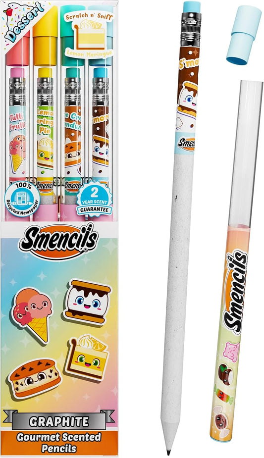 Smencils Dessert Scented Pencils – HB #2 Graphite Pencils Made from Recycled Newspapers, 4 Pack, Long-Lasting Gourmet Scents, Fun School Supplies & Gifts for Kids, Teachers, Classroom Rewards