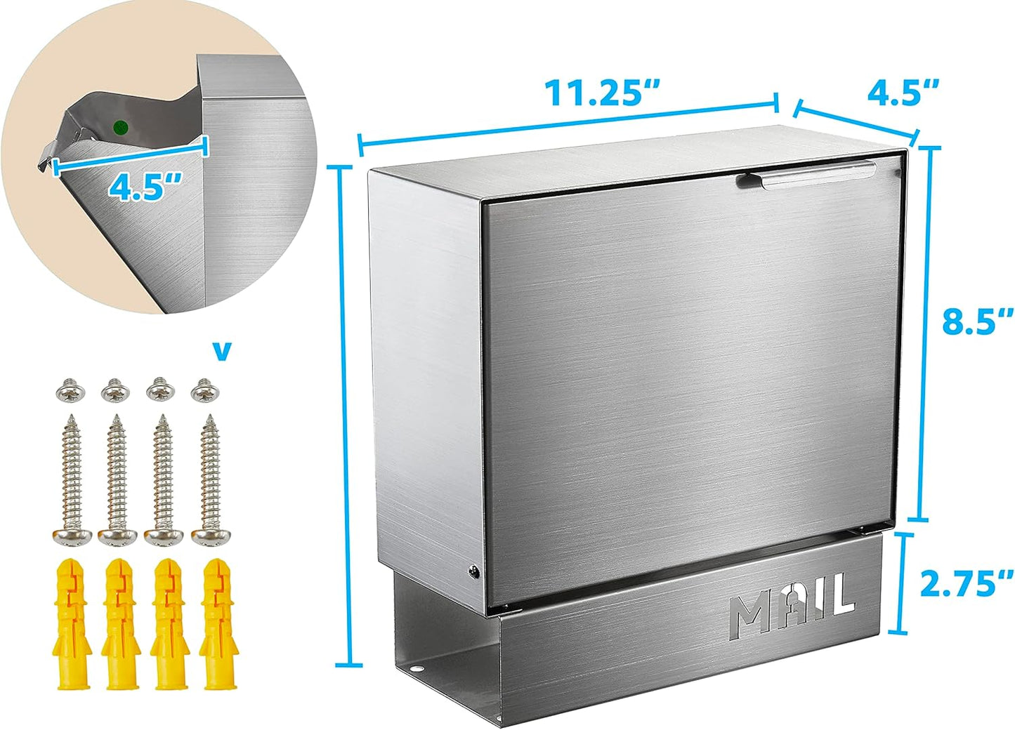 Pochar Stainless Steel Mailbox for Walls, Heavy Duty Wall Mounted Mailbox with Newspaper Holder - 11'' x 4.5'' x 11.50'' Silver Rust Proof Steel Dropbox(Silver)