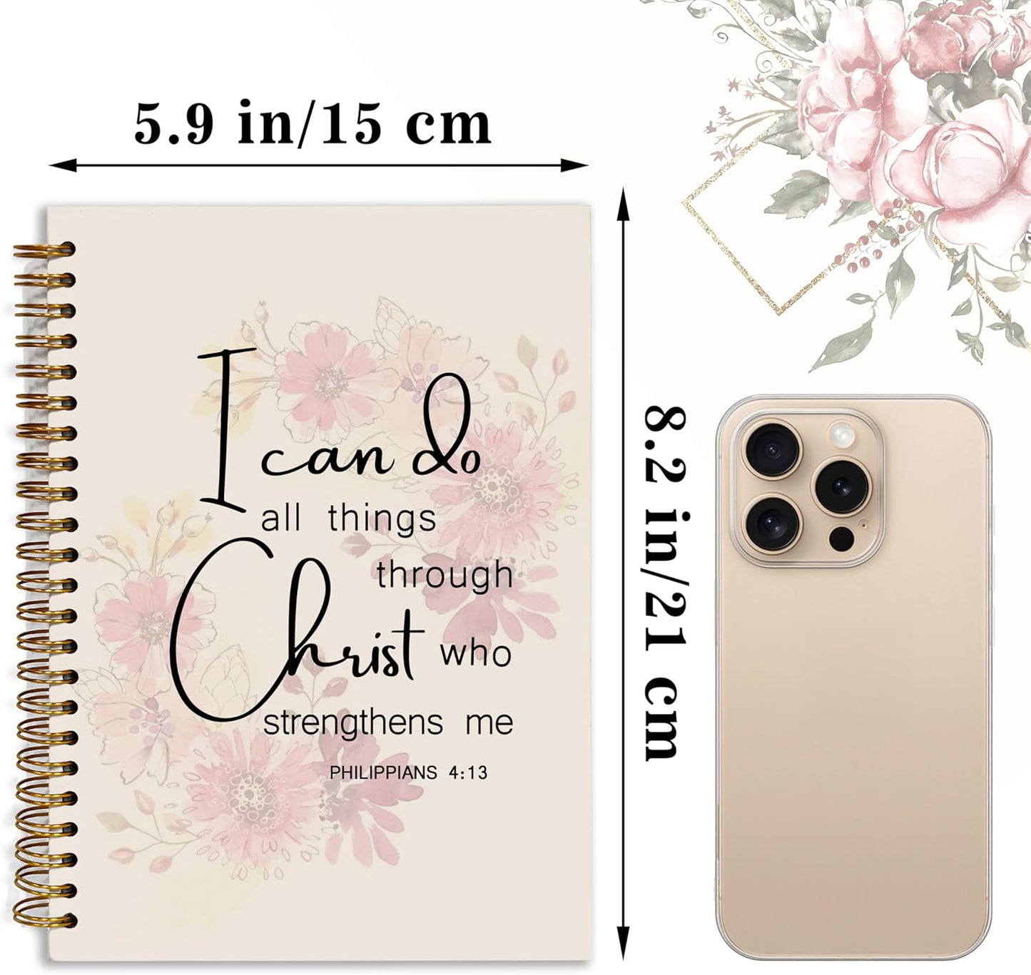 Bible Notebook, A5 Spiral Christian Journal with Pink Floral Notebook, Bible Verse-I Can Do All Things Through Christ Who Strengthens Me, Inspirational Notebooks for Women, Gift for Birthday Christmas