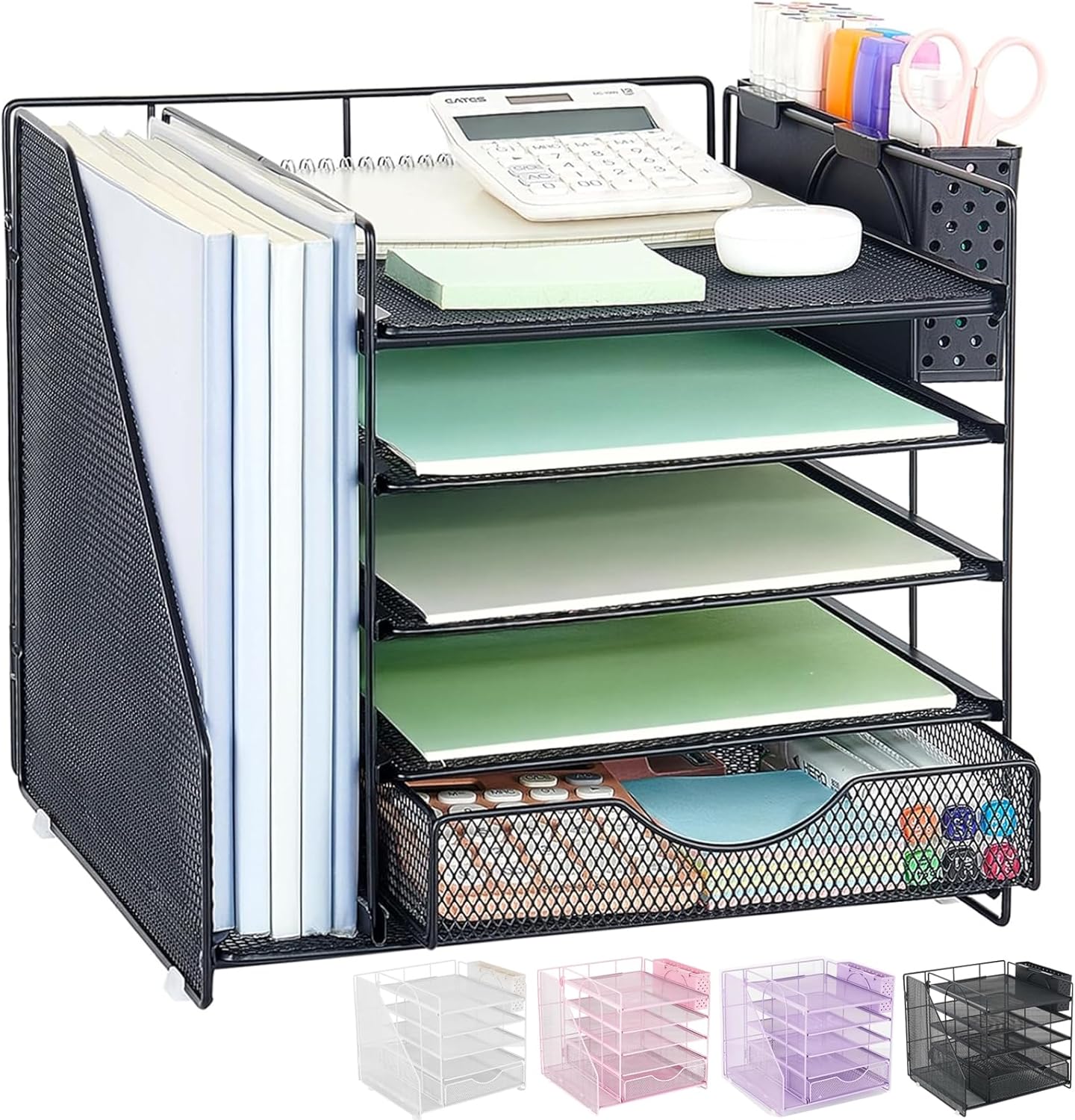 Desk Organizer with Drawer and Pen Holder, 5-Tier Paper Letter Tray Organizer with File Holder, Suitable for Workspace Organizer Office Supplies Storage (Black)