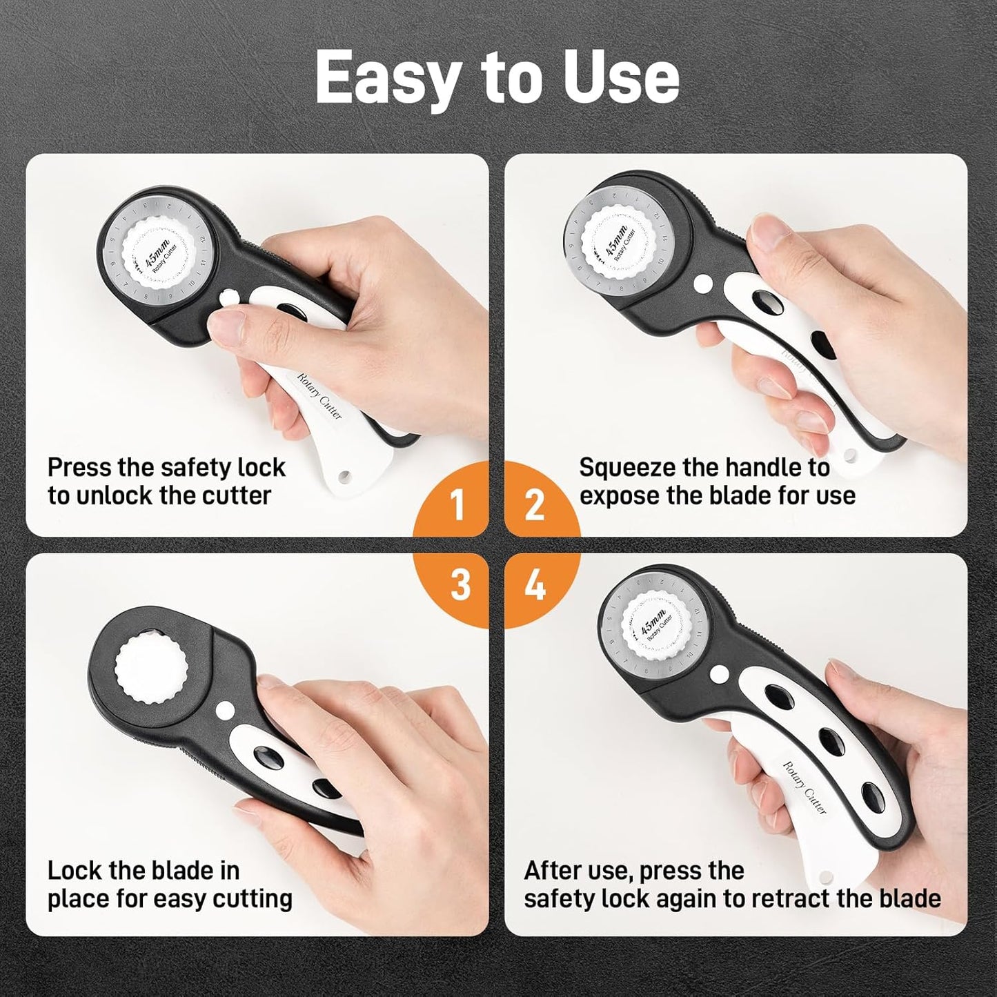 Teslong 45mm Rotary Cutter for Fabric, Extra 8pcs Replacement Blades, Ergonomic Handle Fabric Cutter Wheel with Safety Lock for Fabric, Leather, Paper, Crafting, Sewing, Quilting, Left & Right Hand