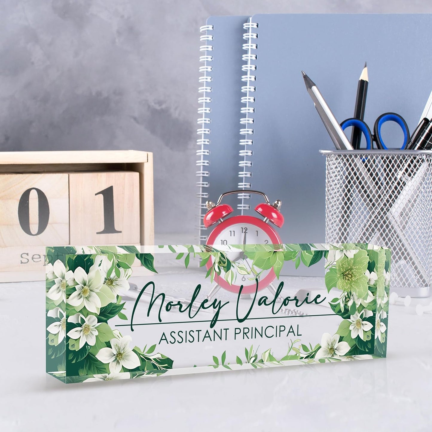 Custom Name Plate for Desk | Personalized Desk Name Plate | Personalized Boss Employee Appreciation Gifts | Acrylic Name Plate Office Desk Accessories (B-Green Flower)
