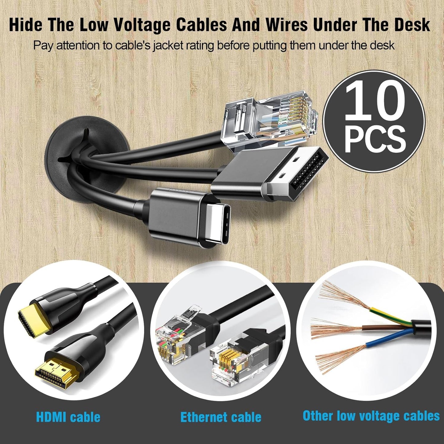 1" Black Desk Grommet, JTemgle Flexible Cable Grommet Cross Rubber Cable Hole Cover Wire Organizer Caps Desktop Cord Management for Home Office TV Stands Tabletops, 10 Pieces