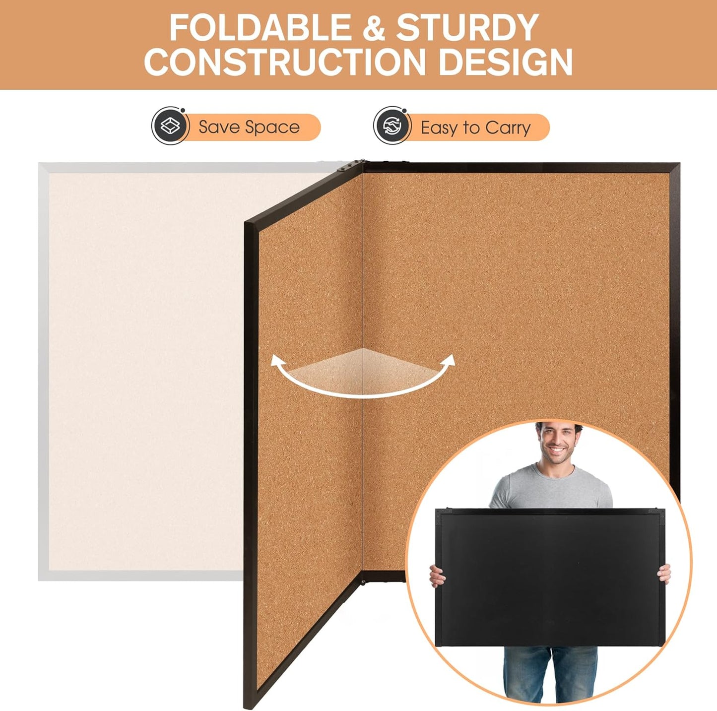 Board2by Cork Board Bulletin Board 36 x 48, Black Wood Framed 4x3 Corkboard, Foldable Office Board for Wall Decor, Large Wall Mounted Notice Pin Board with 36 Push Pins for School, Home & Office
