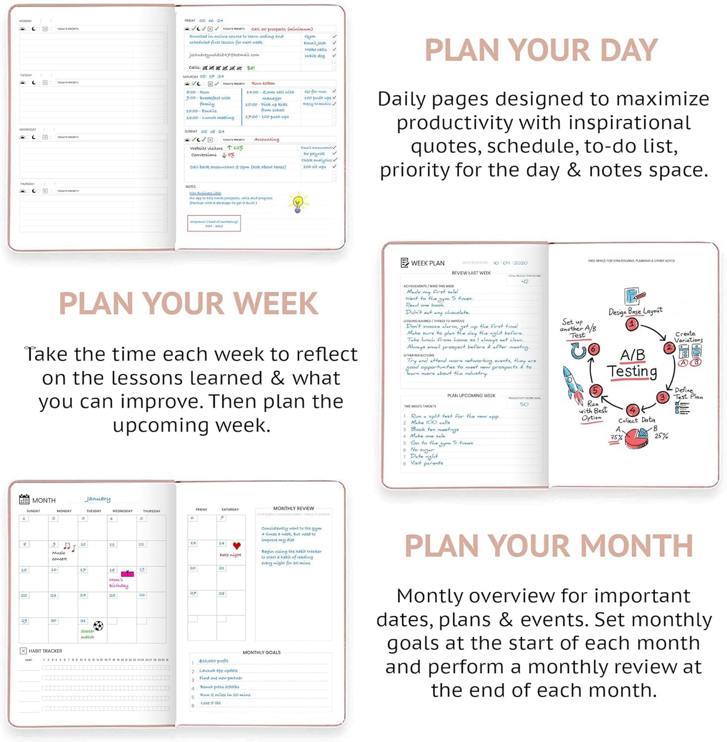 Undated Daily Planner – 1-Year B5 Productivity Organizer with Two-Page Weekly Spread, Goal Setting, Habit Tracker, Weekly & Monthly Pages – Hardcover Time Management Notebook (Rose Gold)