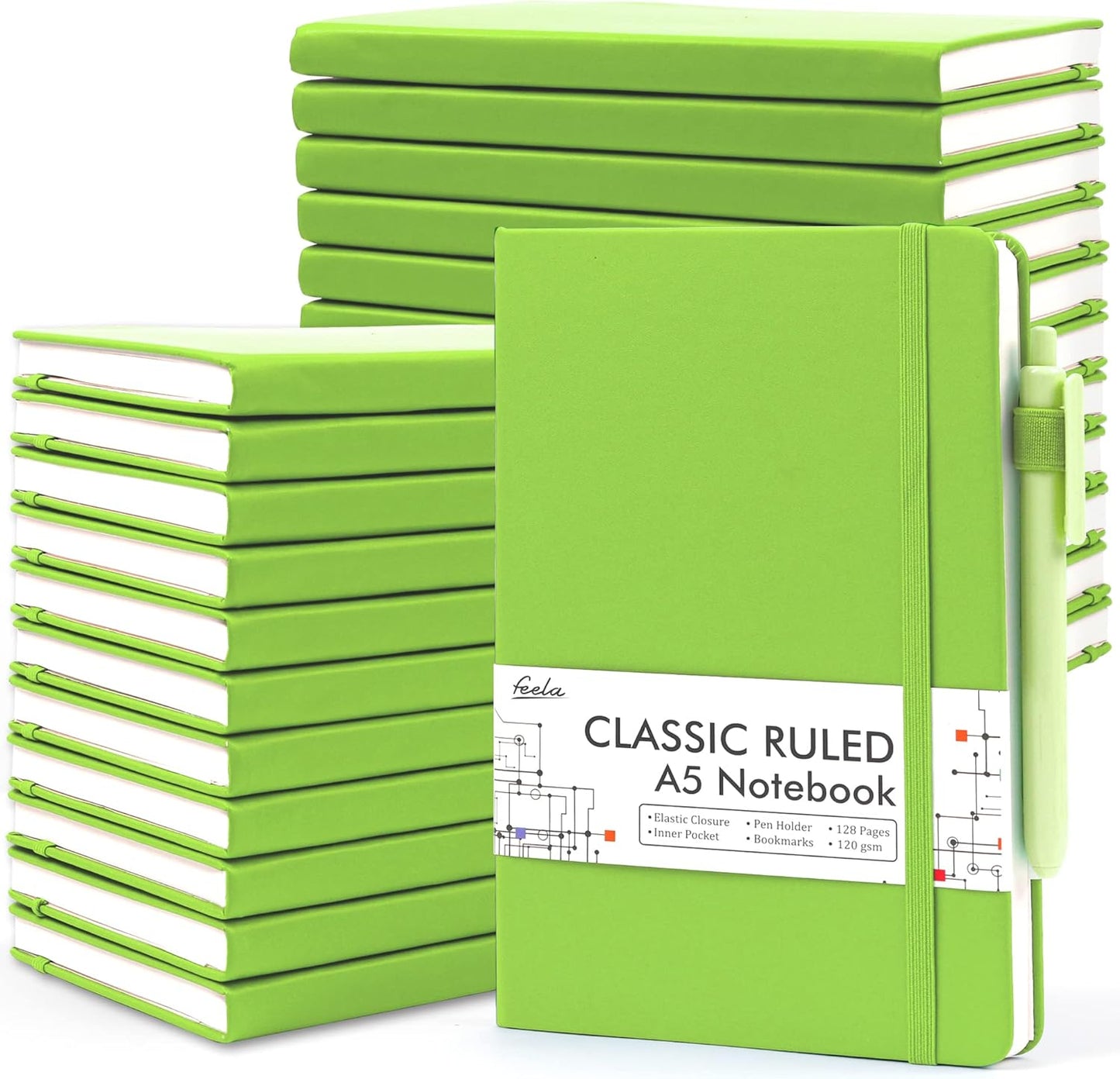 feela 24 Pack Journal Notebook Bulk for Work, Business Notebook Hardcover Lined Writing Journal with Pen Holder for Men Women Note Taking, with 24 Black Pens, 120 GSM, 5.1”x8.3”, A5, Green