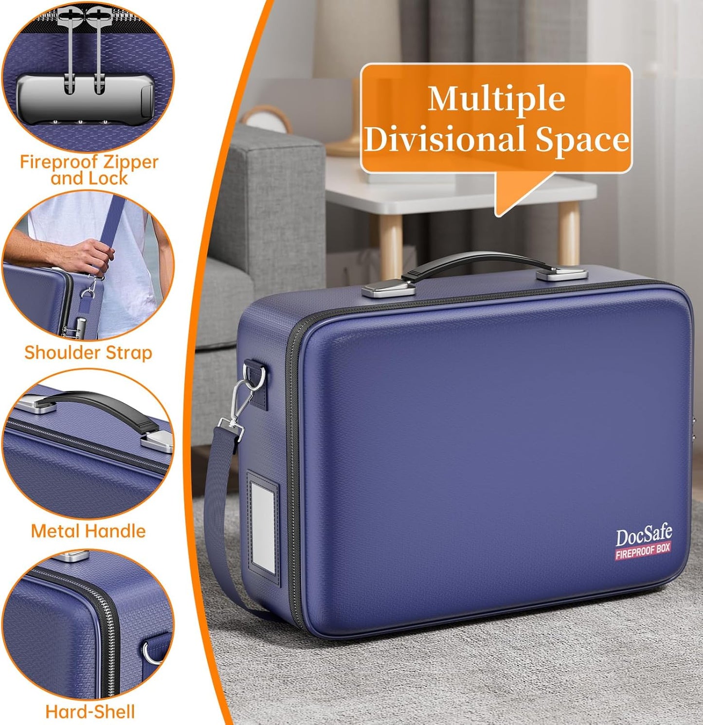 DocSafe Fireproof Document Box with Lock, Hard Case File Organizer with Accordion File Folder, Fireproof Water Resistant Safe Box Home Office Travel Storage for Important Documents Laptop Blue