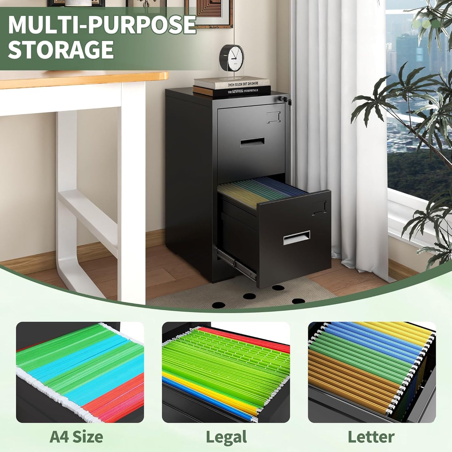 2-Drawer Locking Vertical File Cabinet, Metal Storage Cabinet for Office/Home – Secure Vertical Filing for Letter/Legal/A4/F4 Documents, Easy to Assemble Steel Cabinet (Black, 2 Drawer-15W)