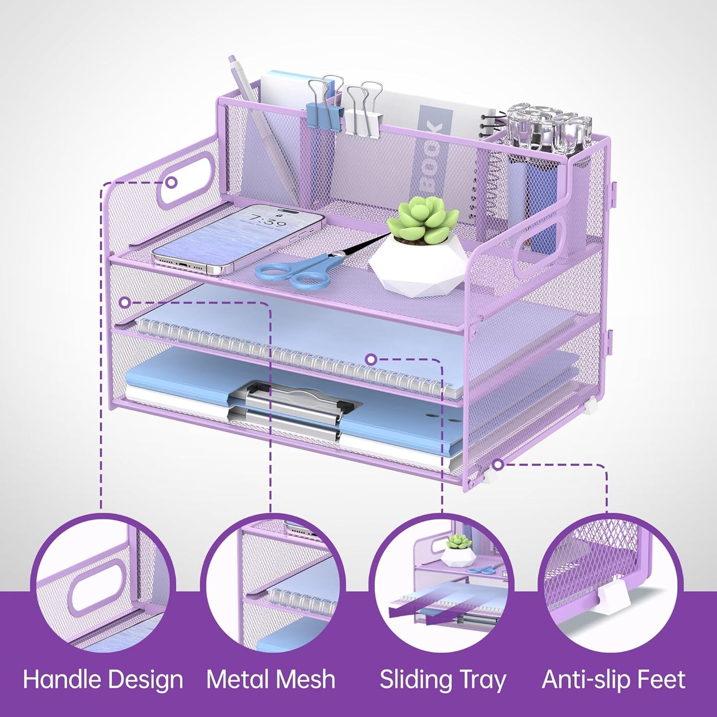 SUPEASY 3 Tier Desk Organizer with Handle & 3 Pen Holders, Mesh Paper/File Organizer for Desk, Paper Letter Tray Organizer for Office Supplies (Light Purple)