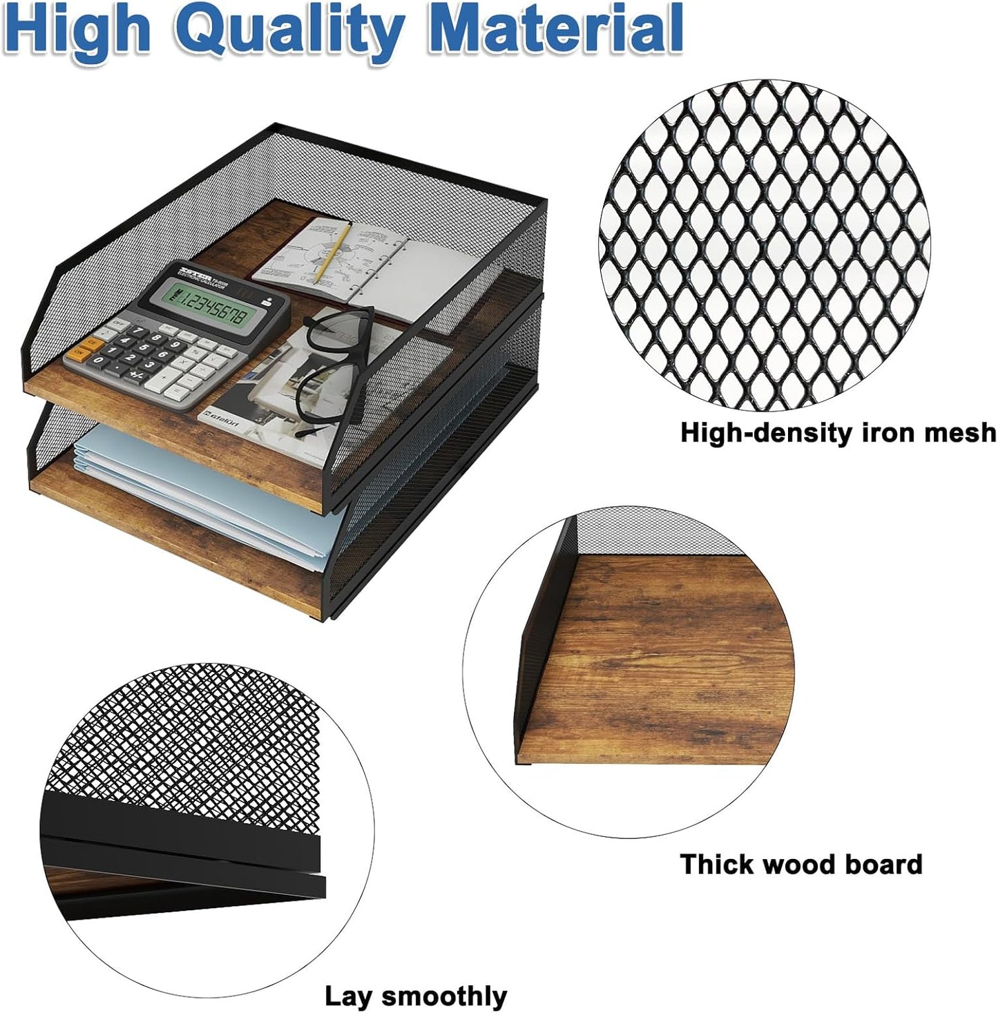 Natwind 2-Tier Stackable Paper Tray, Metal Mesh Desktop Organizer, Wood Board Paper Sorter, Letter Trays,File Document Storage Rack for for Home, Office, School (Retro)