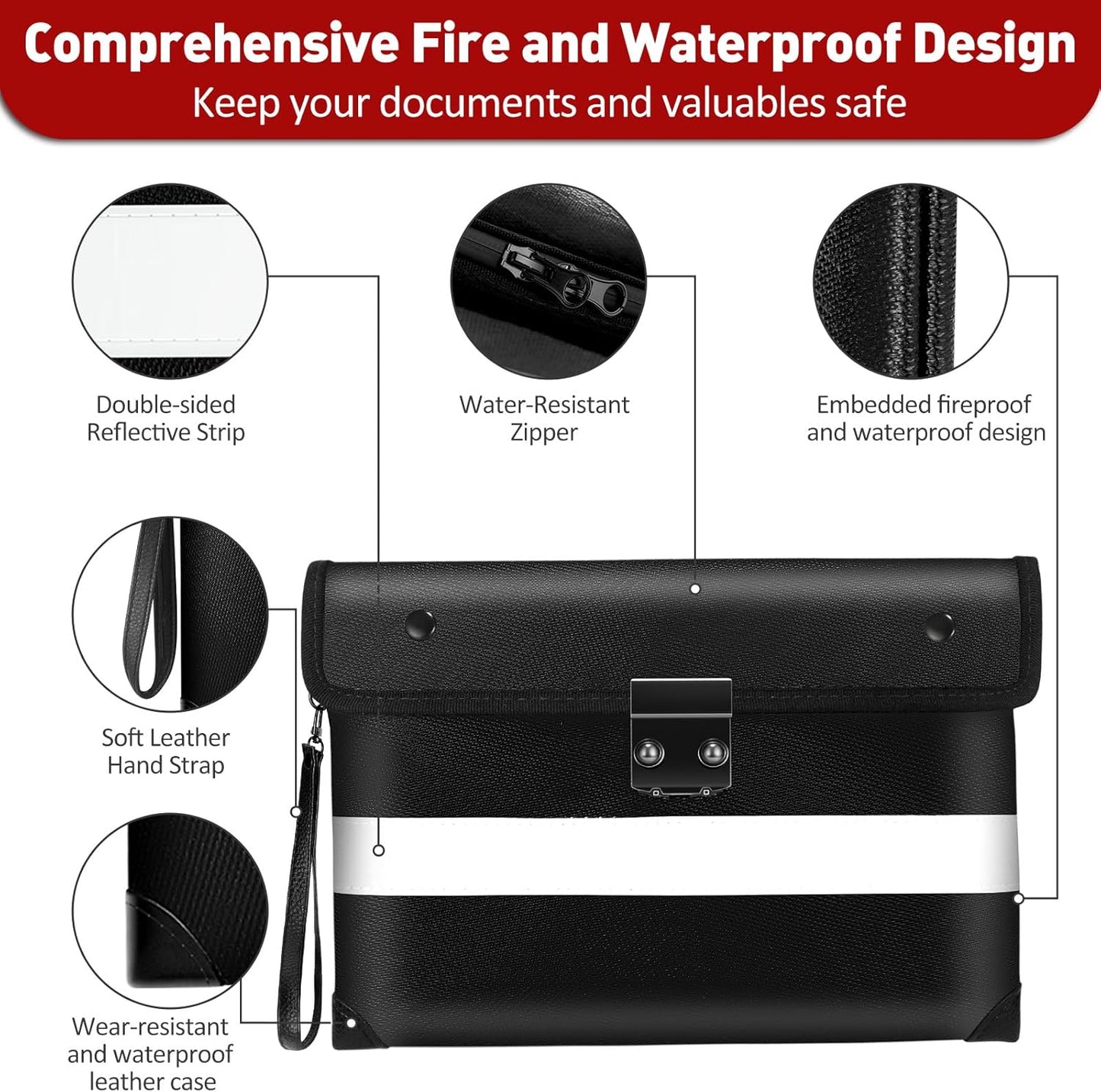 Vailoin Upgraded Lockable Fire Proof Money Bag for Cash,Locking Fireproof Envelope with Water Resistant Zipper,Fire water Proof Small Pouch with Lock,for Documents,Passport (11"x7.7",Black)