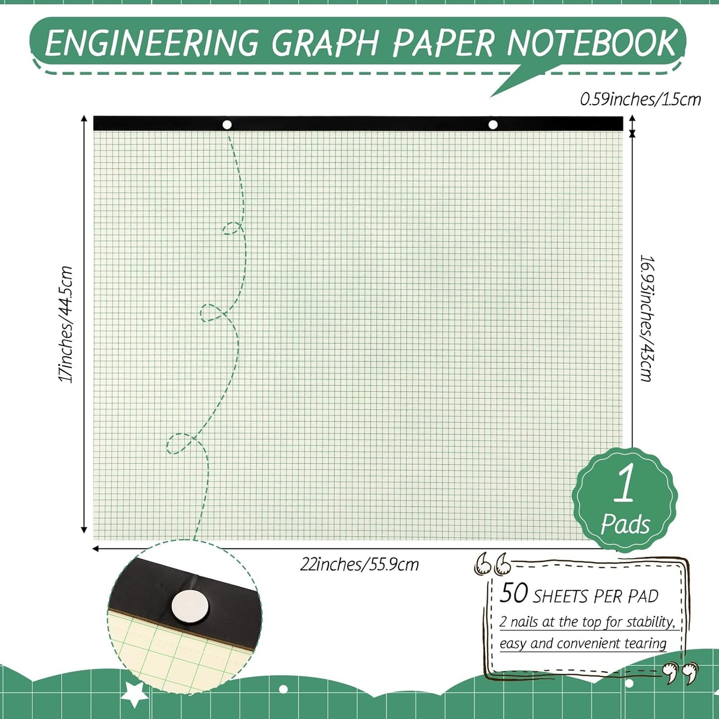 Fainne Large Engineering Graph Paper Pad 22''x17'' Landscape 4" x 4"Grid Pad Giant Drafting Sketching Graph Paper for Engineer Architect Designer Mathematician Draftsman(Beige and Green)