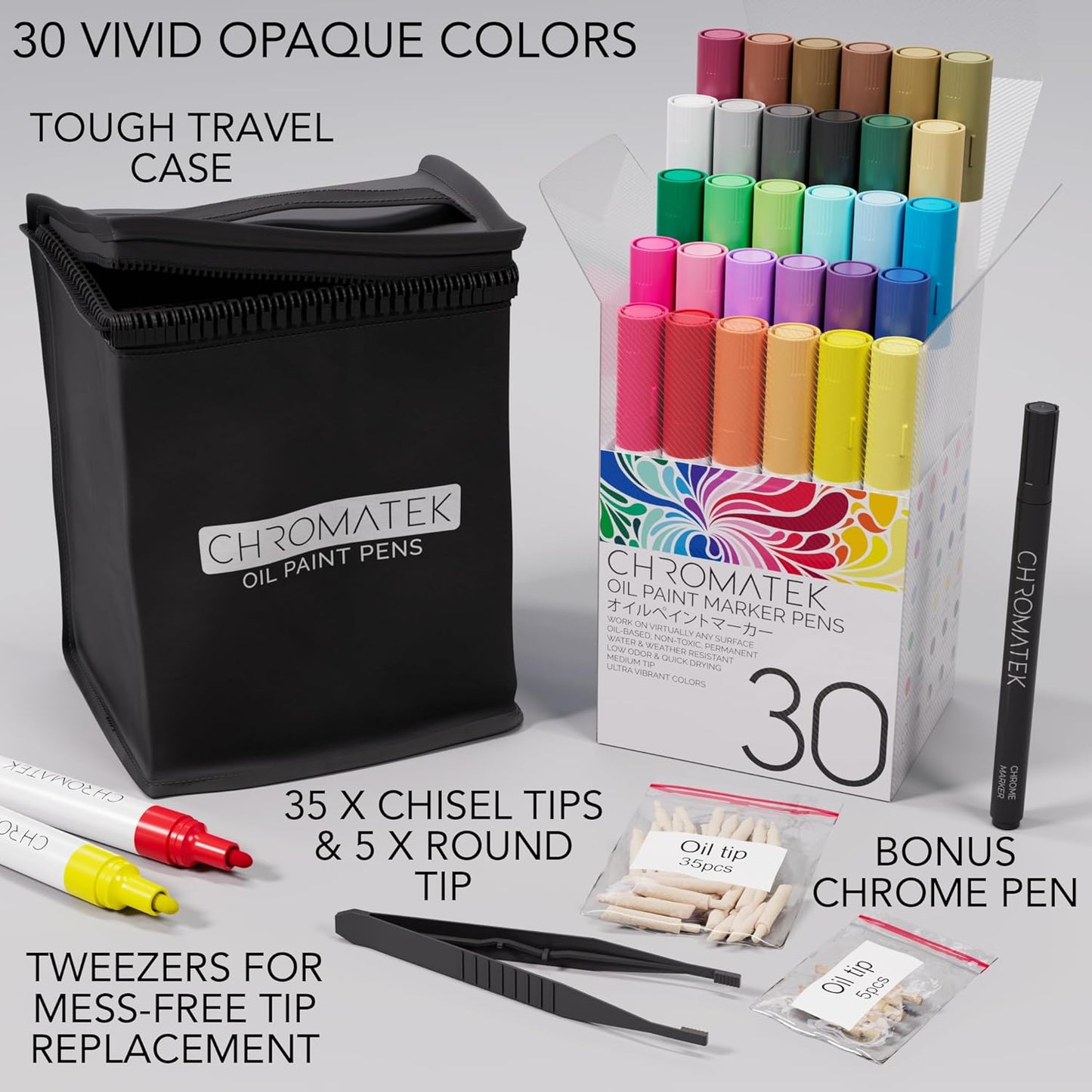 CHROMATEK Dual Tip Oil Based Paint Markers - 30 Colors Permanent Paint Pens for Rock Painting, Canvas, Glass, Wood, Stone & DIY Art Supplies - Quick Drying Waterproof Pen with Video Tutorials & Ebook