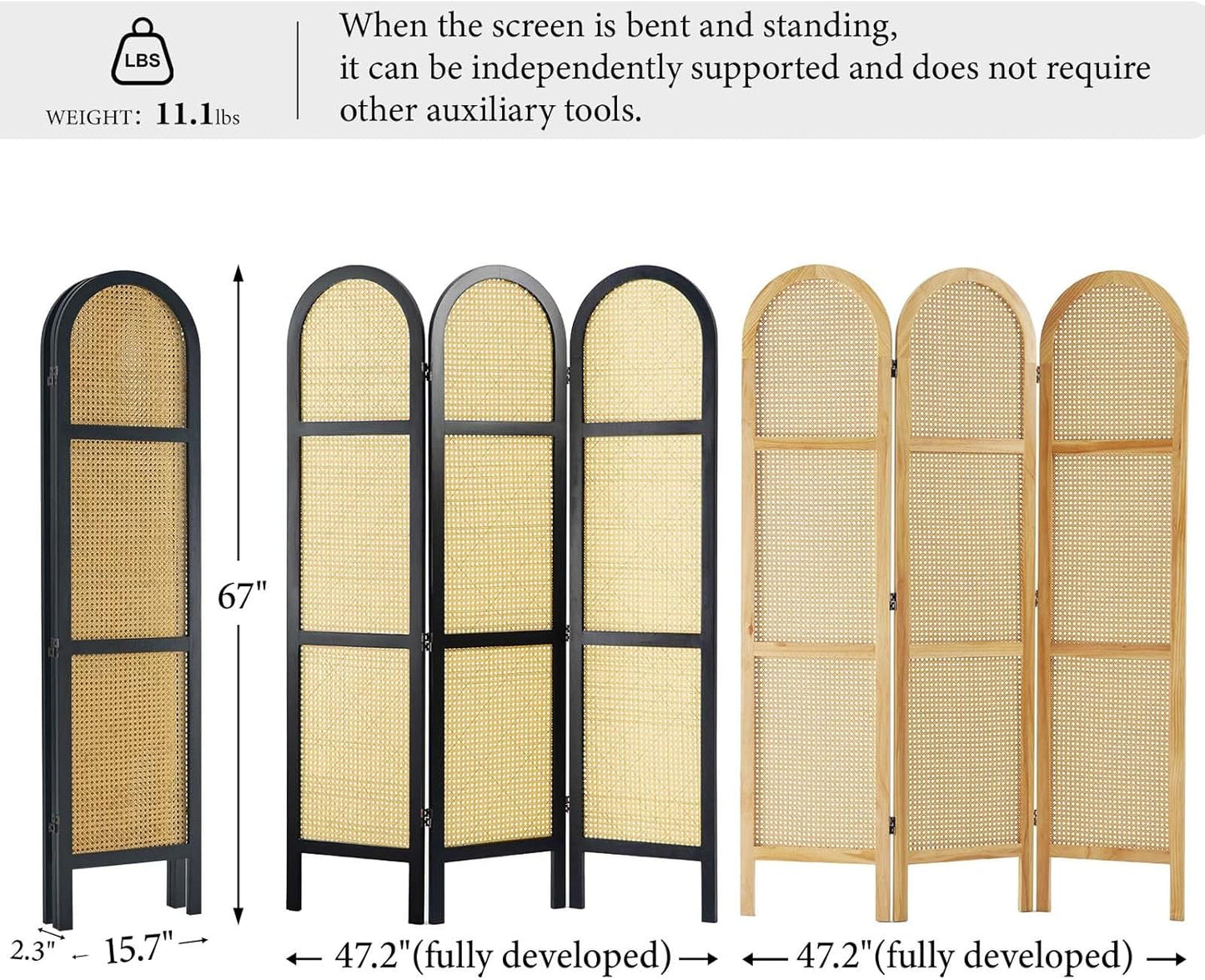 Room Divider and Folding Privacy Screens, Pine Wood 5.6 Ft Double Hinged Rattan Partition Freestanding Wall Room Divider for Home - 3 Panels
