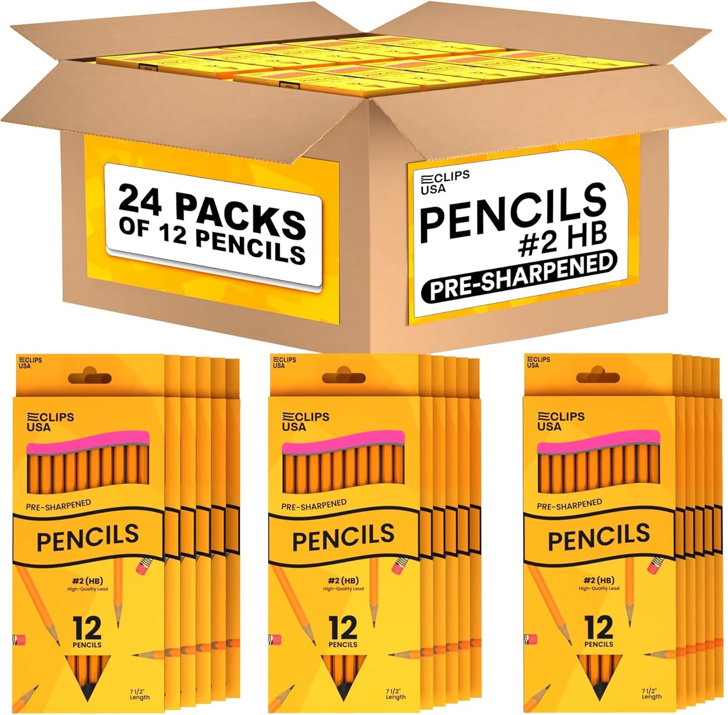 E-CLIPS USA Pencils Bulk, Pencils #2 (24 Boxes), Number 2 pencil, Pre-Sharpened Pencil Bulk, School Supplies Bulk, Office Supplies Bulk, Box May Vary, 12 Pencil Per Box (24 Boxes)