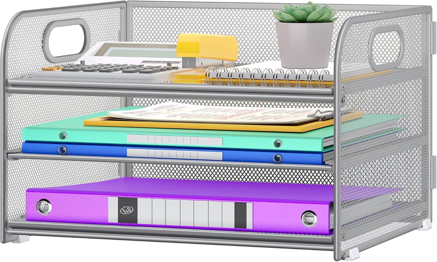 3 Tier Paper Organizer with Handle, Metal Desk Organizer Mesh Paper Letter Tray Desktop File Folder Document Sorter for Classroom, School, Office Accessories Organization and Storage - Silver