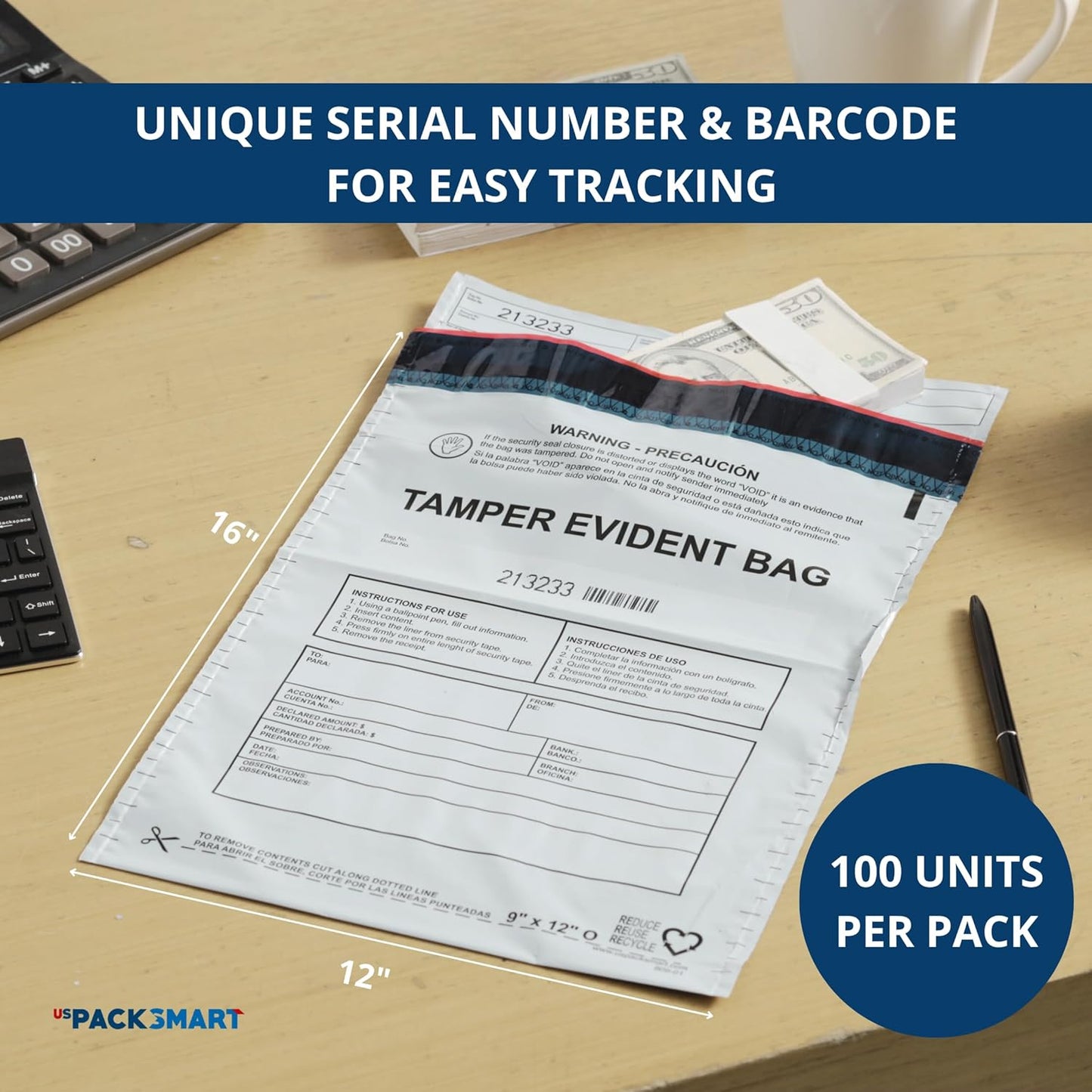 12”x16" Opaque Plastic Deposit Bags with Security Tape Tamper Evident - Secure Bank Deposits, Cash Handling, & Currency Transport | Self-Sealing Tape with Hidden Graphics | 100-Pack