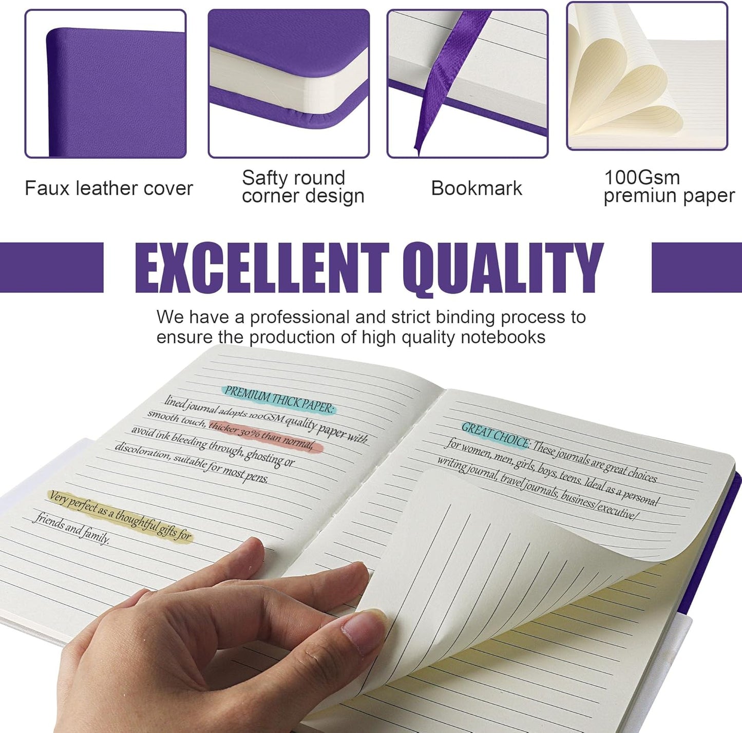 Lined Journal Notebook, 6Pack(Purple), 160 Pages, Medium 5.7 inches x 8 inches - 100 gsm Thick Paper, Hardcover