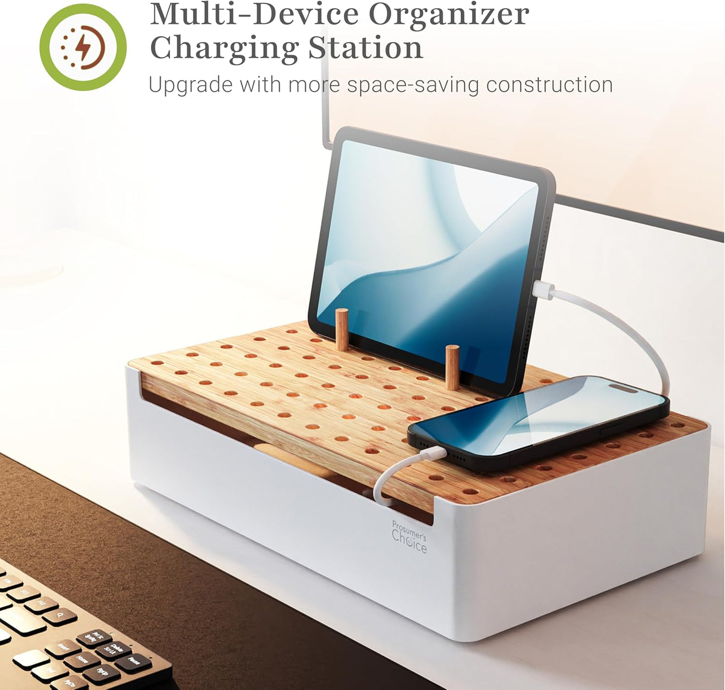 Prosumers Choice Bamboo Charging Station for Multiple Devices - Wooden Charger Organizer with Removable Dividers for Phones, Tablets, and Laptops - 11 Inch Cable Organizer Box - Space-Saving Desk Dock