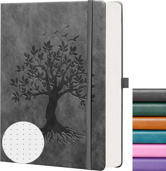 ZXHQ A5 Bullet Dotted Journal Notebook - 150gsm Thick Paper, 256 Pages, Dot Grid Hardcover, Tree of Life Design, Fine Inner Pocket - 5.9" × 8.5" Dark Grey