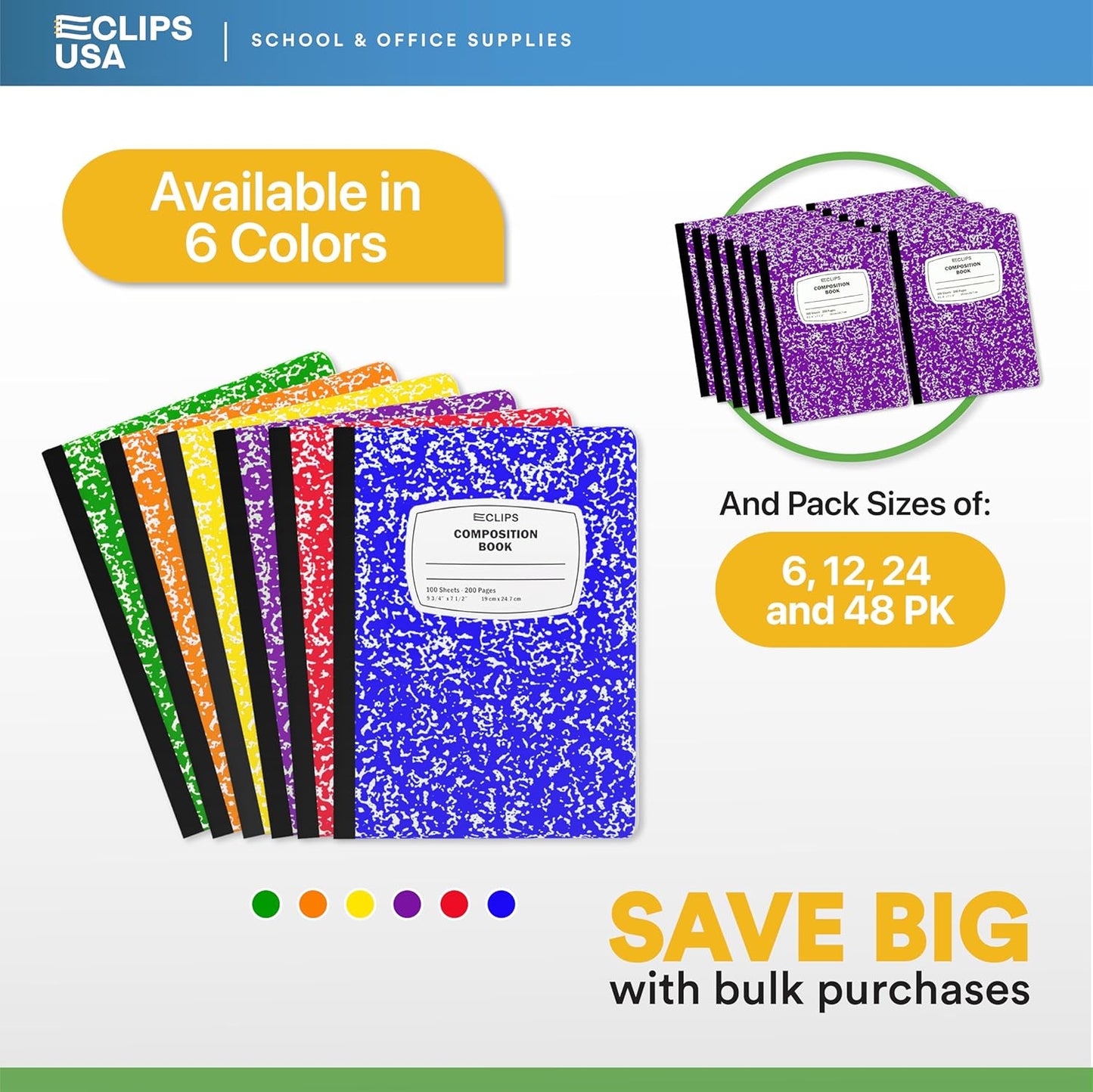 E-CLIPS USA Composition Notebooks, (6 Pack), Wide Ruled Composition Notebook, Marble Composition Notebook, 100 sheets, 200 Pages (6, Purple)