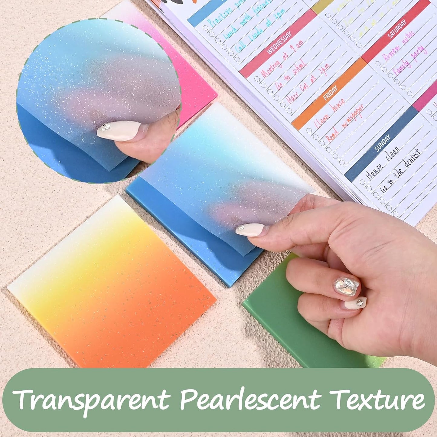 BAYTORY 200 Sheets Glitter Transparent Sticky Notes, 3 x 3 Clear Memo Pads, Translucent Self-Stick Note, See Through Self-Adhesive Note for Bible Accessories (Gradient Color)