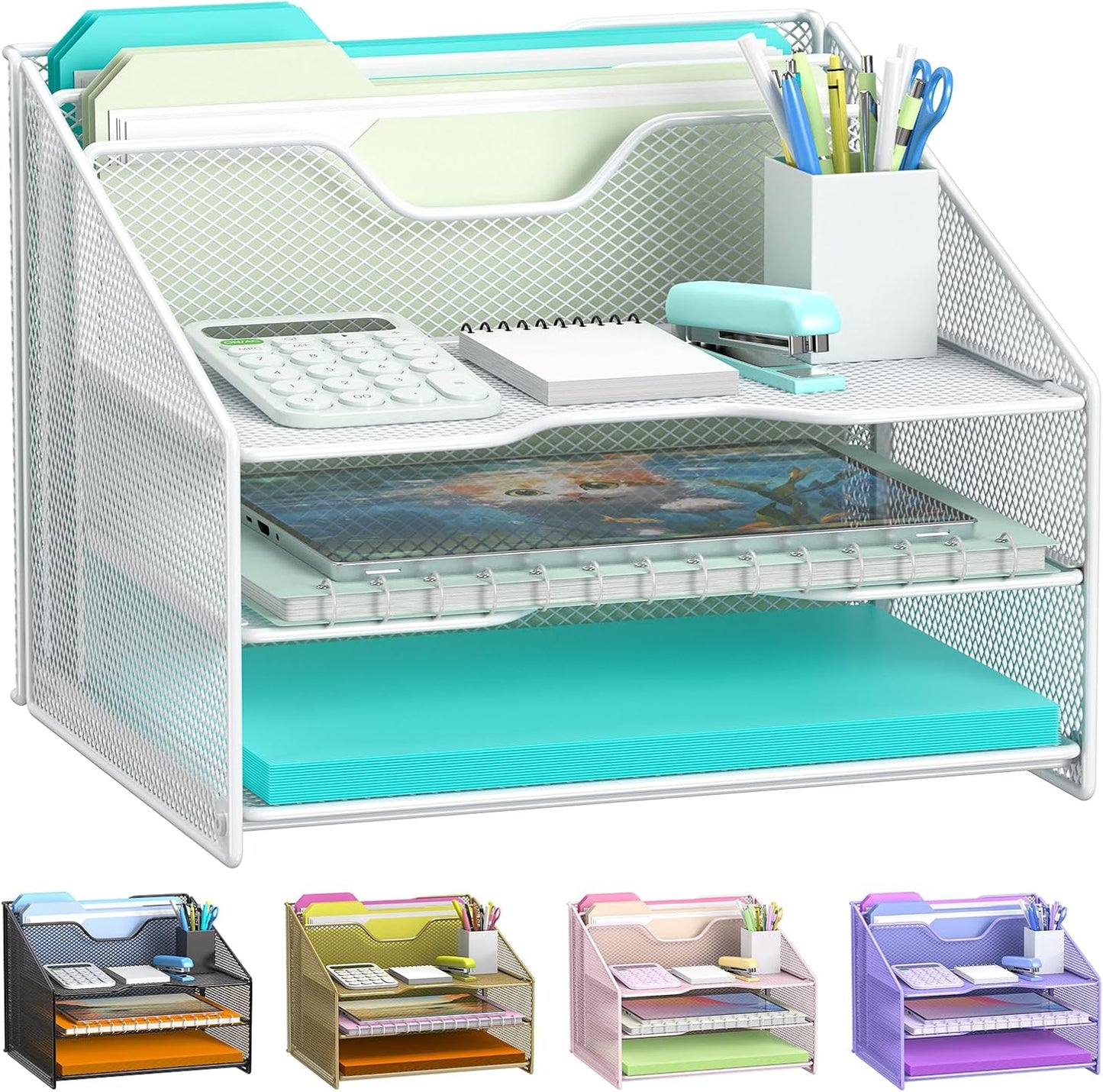 samstar White Desk File Organizer, Mesh Letter File Folder Holder with 3 Paper Trays and 2 Vertical Upright Section, for Office Supplies, Desk Accessories & Workspace, White