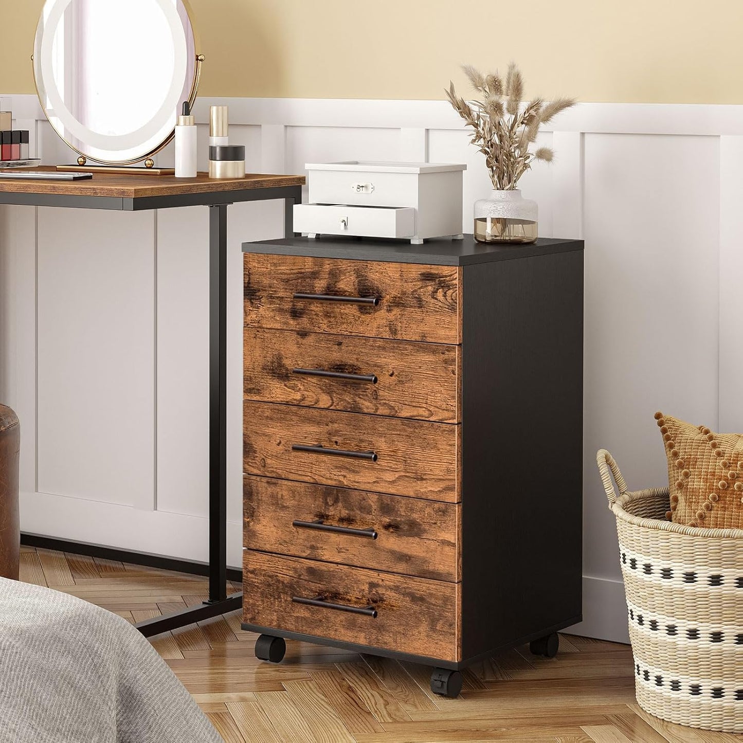 HOOBRO 5-Drawer File Cabinet, Office Filing Cabinet with Drawers, Wooden Mobile Storage Cabinet with Wheels, for Makeup, Home Office, Easy Assembly, Rustic Brown BF05WJ01G1