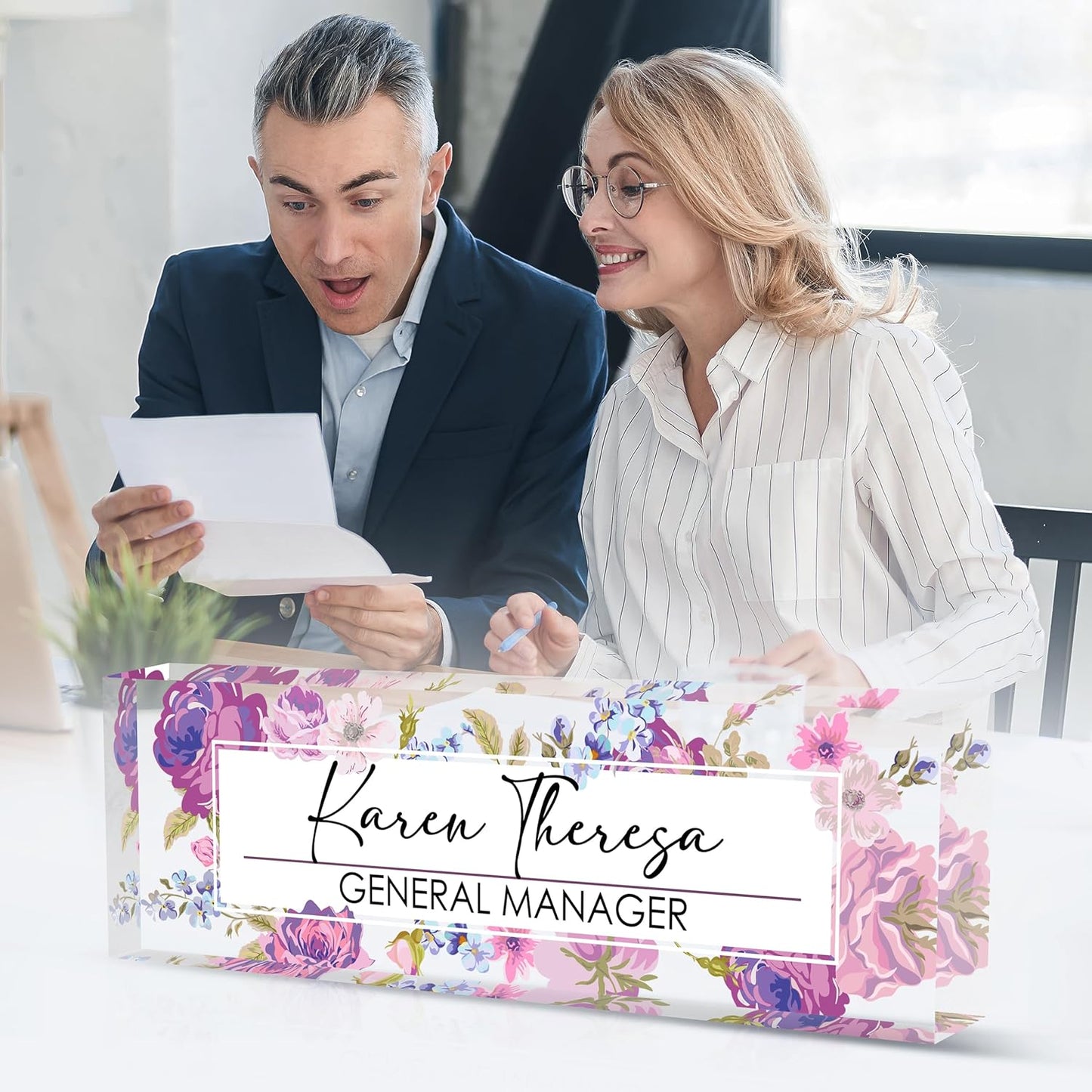 Custom Office Name Plate for Desk, Personalized Gifts for Women, Appreciation Gifts for Employee Coworkers Boss Teacher, Office Accessories (Hundred Flowers)