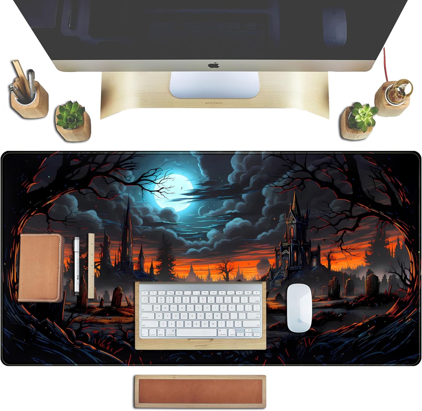 Dark Fantasy Castle Desk Pad Extended Gaming Mouse Pad, XXL Large Computer Laptop Keyboard Wireless Mouse Mat, Office Desk Decor Mousepad Deskmat with Stitched Edges Matt 31.5x15.7 in