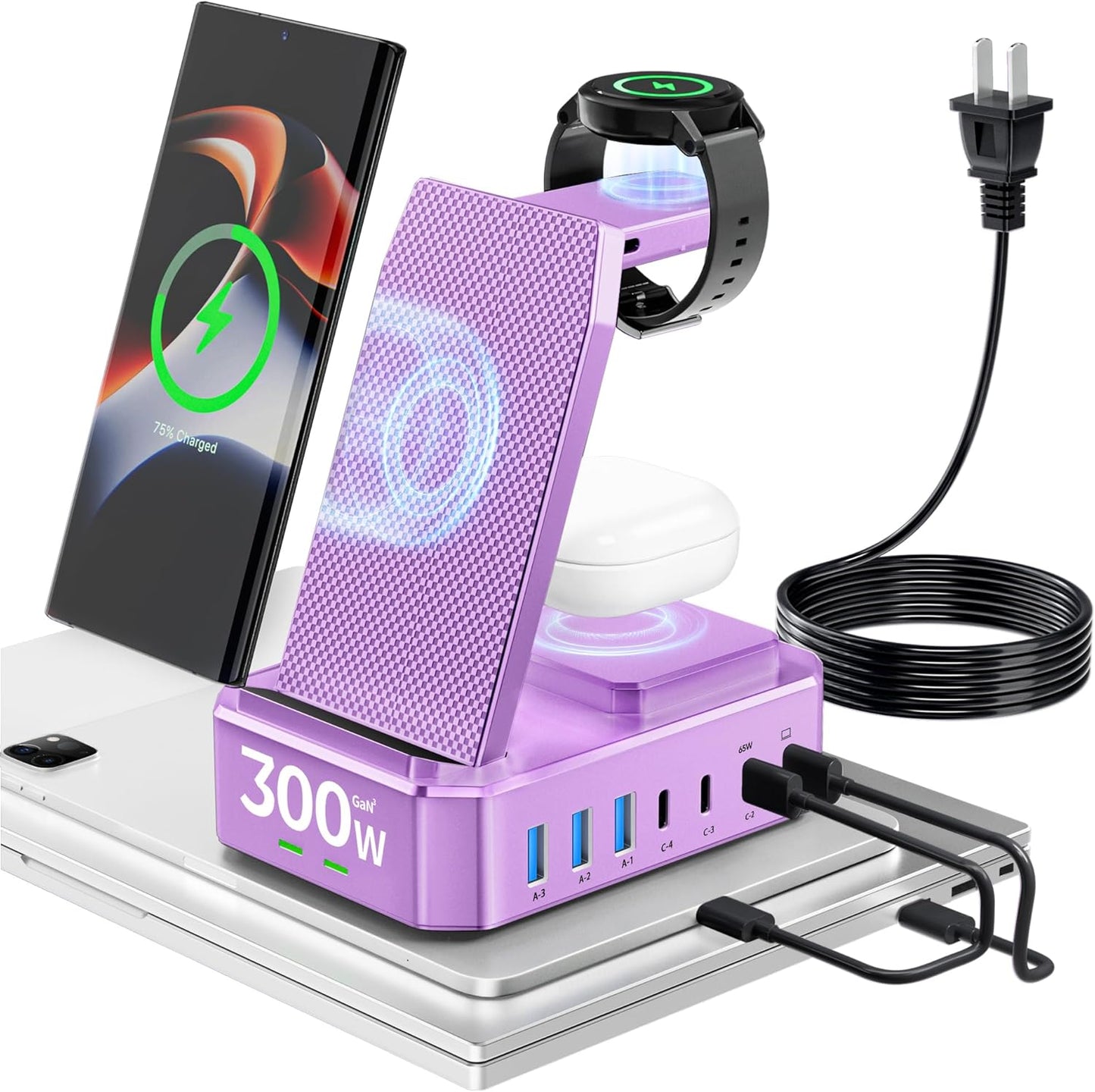 300W Wireless Charger for Samsung,Zutspzss 10 in 1 Wireless Charging Station, 65W USB C Fast Charging Stand for Samsung S25 Ultra/S24/S23/S22/Z Fold,Galaxy Watch Ultra7/6/5,Galaxy Buds,Purple