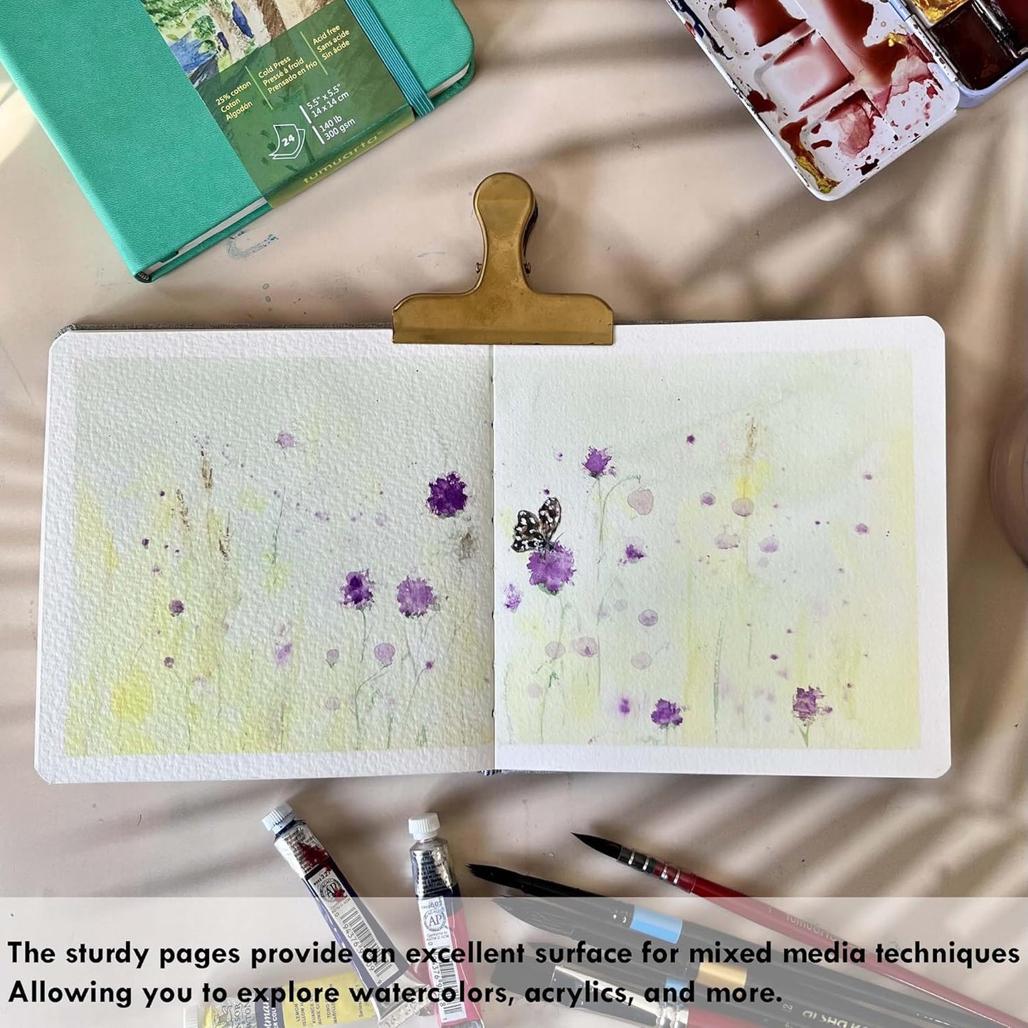 tumuarta Square Watercolor Journal, 5.5x5.5”, 140 LB, 300 GSM, Cotton Paper, Cold Press, 24 Sheets, 48 Pages, Watercolor Paper Notebooks for Use As Travel Sketchbooks Mixed Media Pad On The Go…