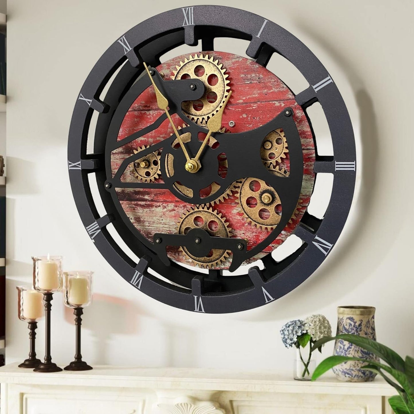 The Gears Clock 16 inches Wall Clock with Real Moving Gears Convertible into a Big Mantel Clock (Red Lava)