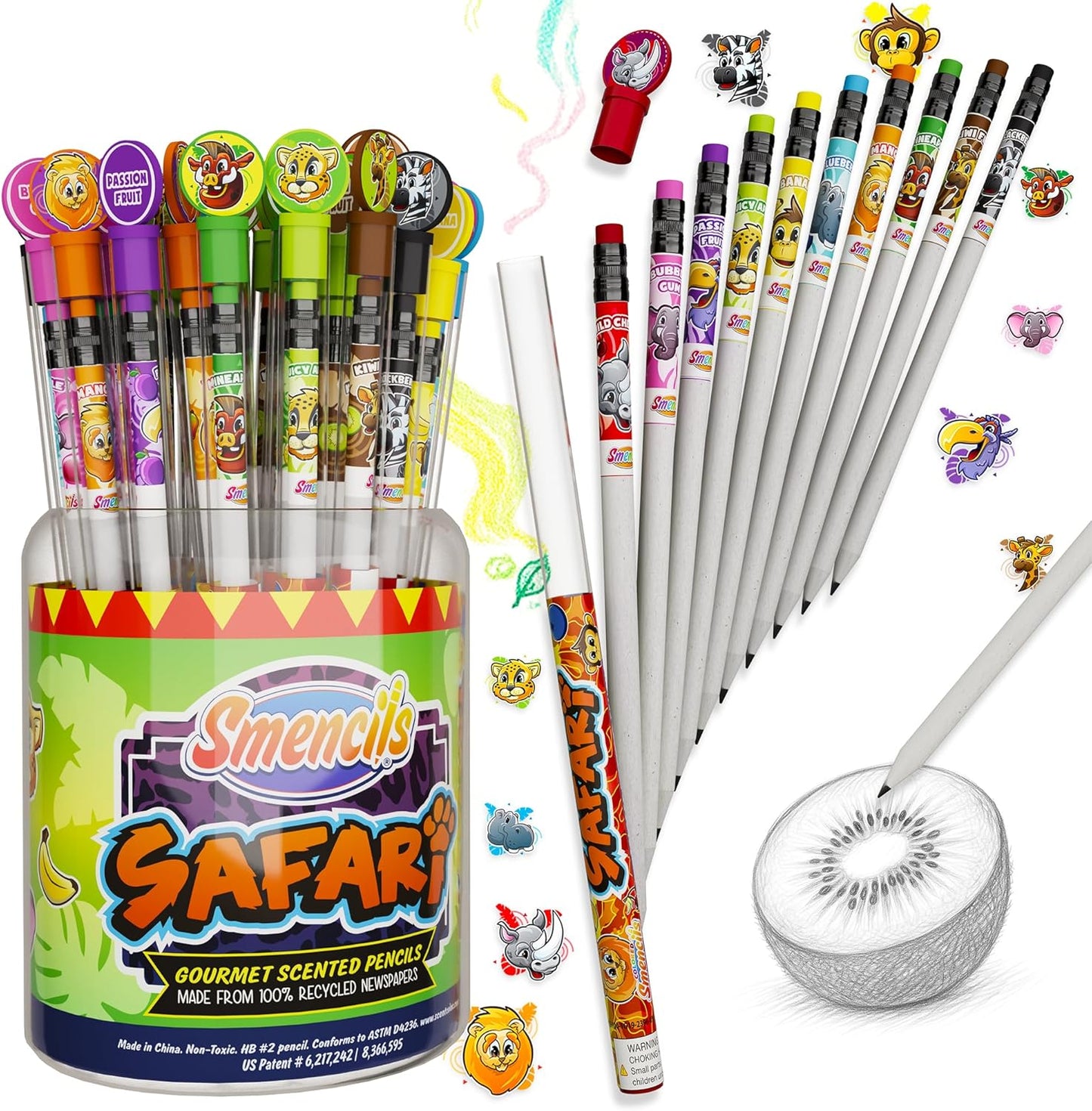 Safari Smencils Cylinder - HB #2 Patented Gourmet Scented Pencils, 50 Count, Gifts for Kids, Classroom Rewards, Party Favors, Stuffers