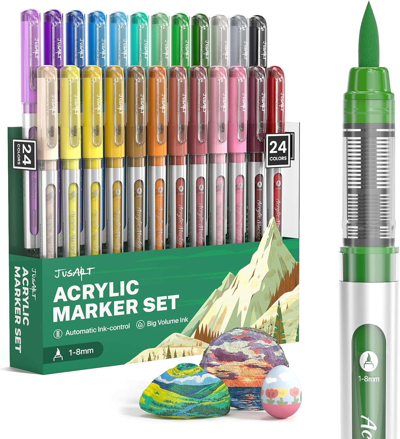 JusArt Acrylic Paint Markers Brush Tip 24 Colors for School Art, Water-Based No-Bleed Markers with Automatic Ink Control, Waterproof Acrylic Paint Pens for Rock, Egg, Wood, Fabric, Glass, DIY Crafts