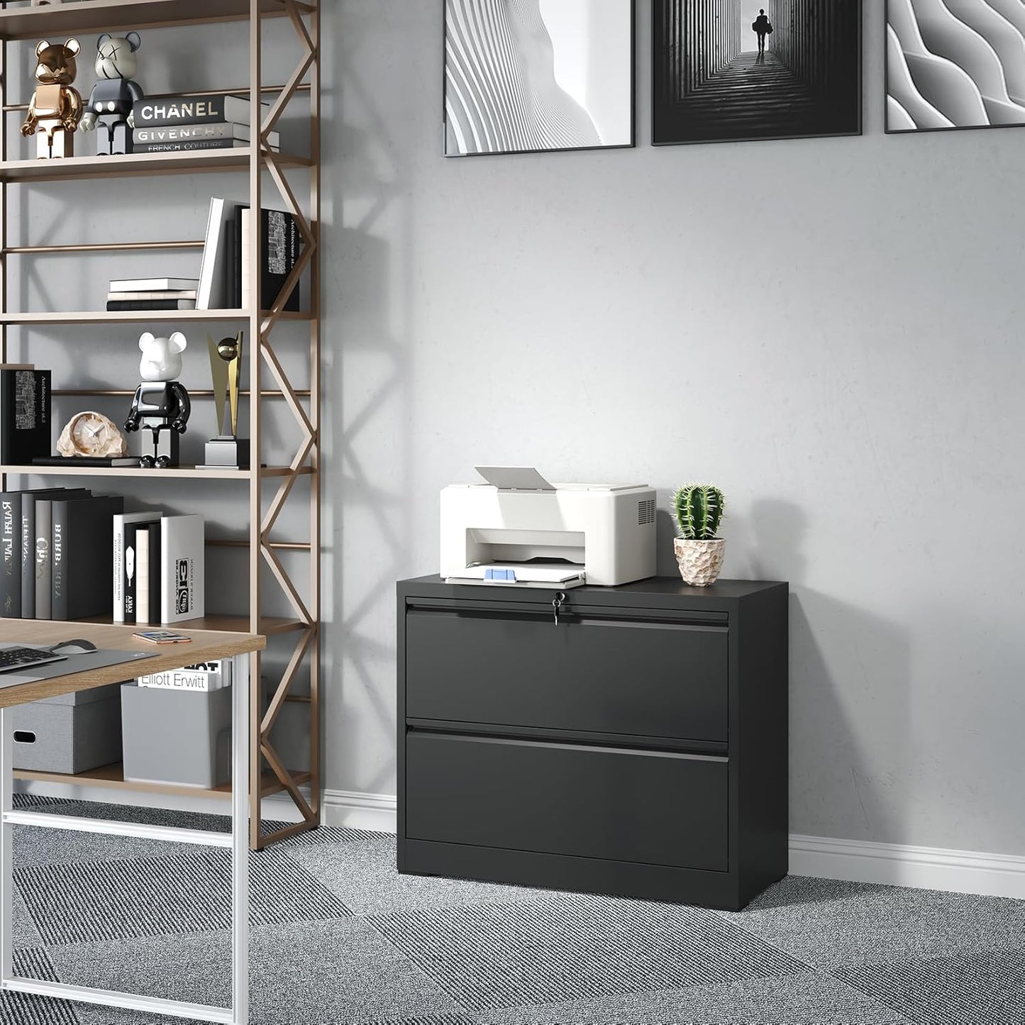 2 Drawer Lateral File Cabinet, Metal Lateral Filing Cabinet for Home Office, Filing Cabinets for Letter/Legal/A4/F4 Hanging Files (Black)
