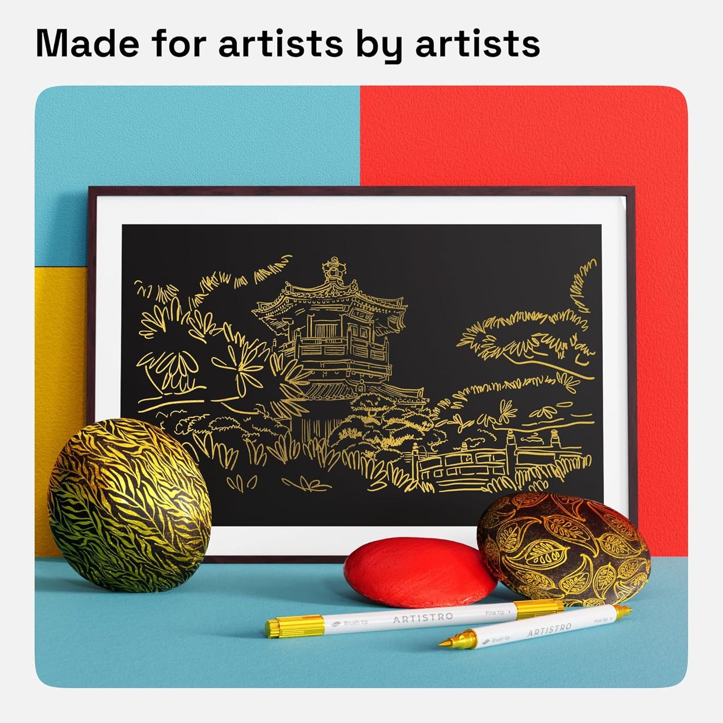 ARTISTRO 2 Gold Dual-Tip Acrylic Paint Pens - Multisurface Markers for Fabric, Plastic, & More, 1 mm Fine & Brush Tips