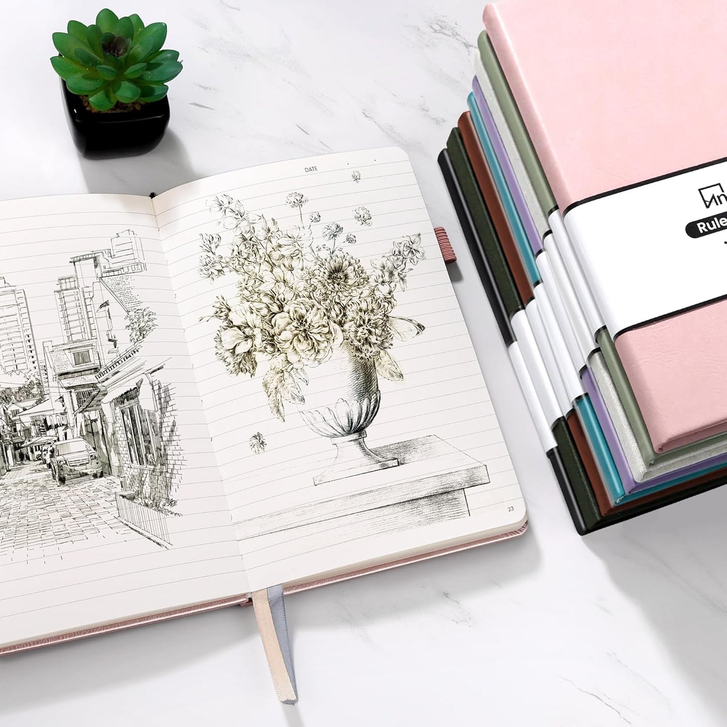 Annecy Numbered College Ruled Lined Journal Notebook, Medium 5.5x 8.25, 160 Pages 100GSM Writing Paper, A5 Pink Faux Leather Cover with Pen Loop