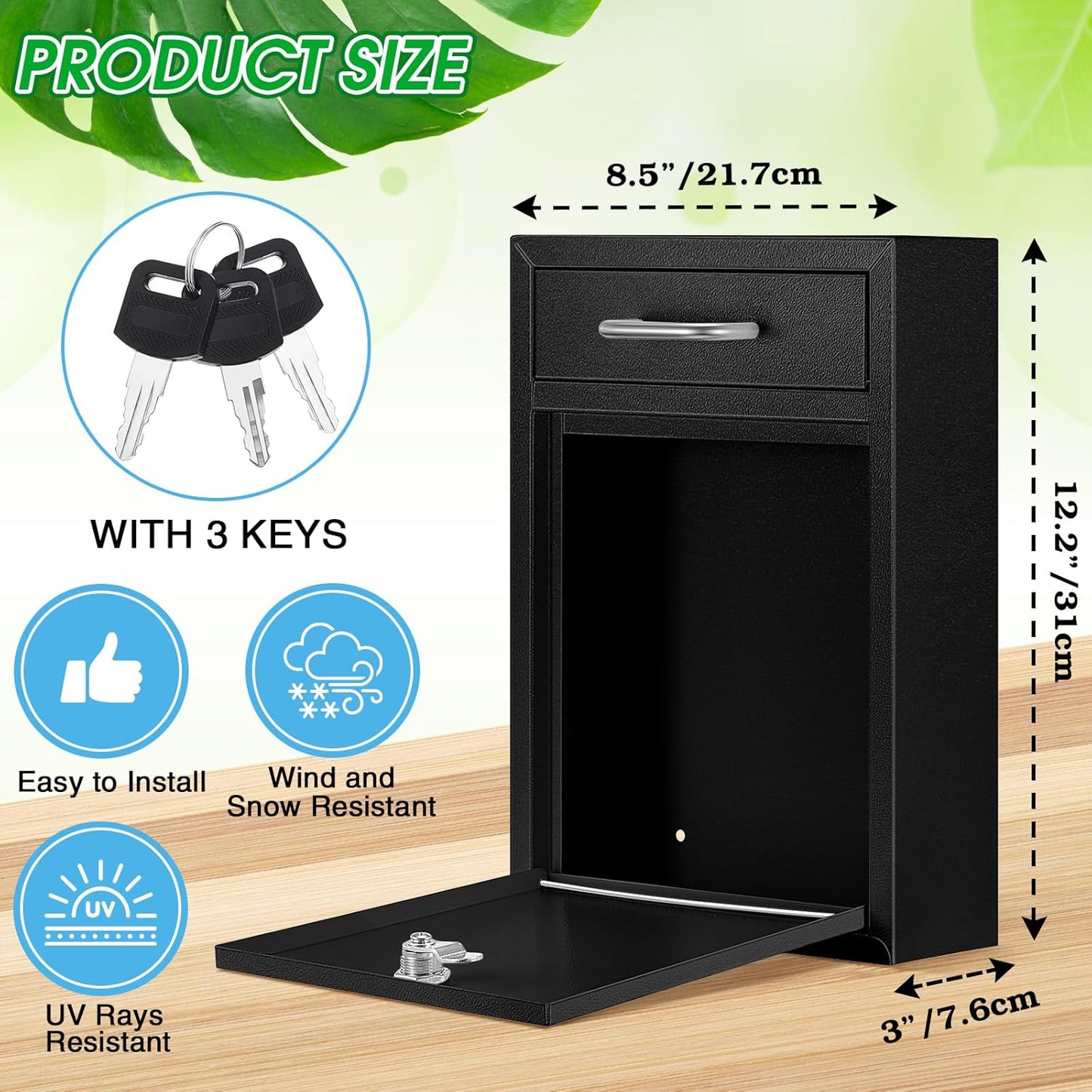 Locking Mailbox with Key for Outdoor 12.2 x 8.5 x 3 Inches Large Wall Mount Mail Box with Lock Security Mail Drop Metal Collection Boxes Hanging Secure Postbox(Black)