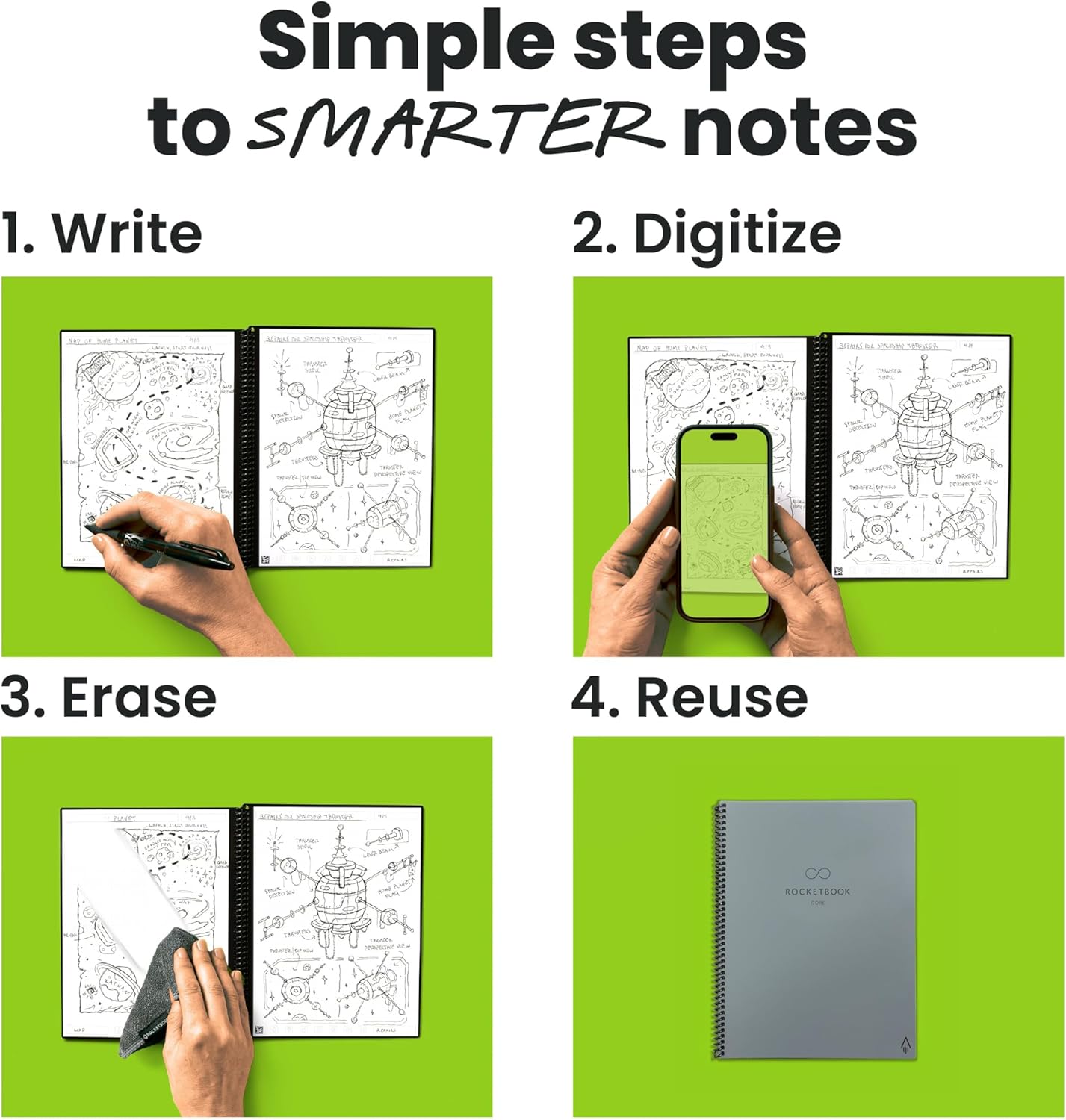 Rocketbook New Core Reusable Spiral Notebook, Executive Size 6x8.8, Gray - Dotted Pages, App-Connected, Erasable, Durable Cover, Ideal for School, Work, and Creative Projects