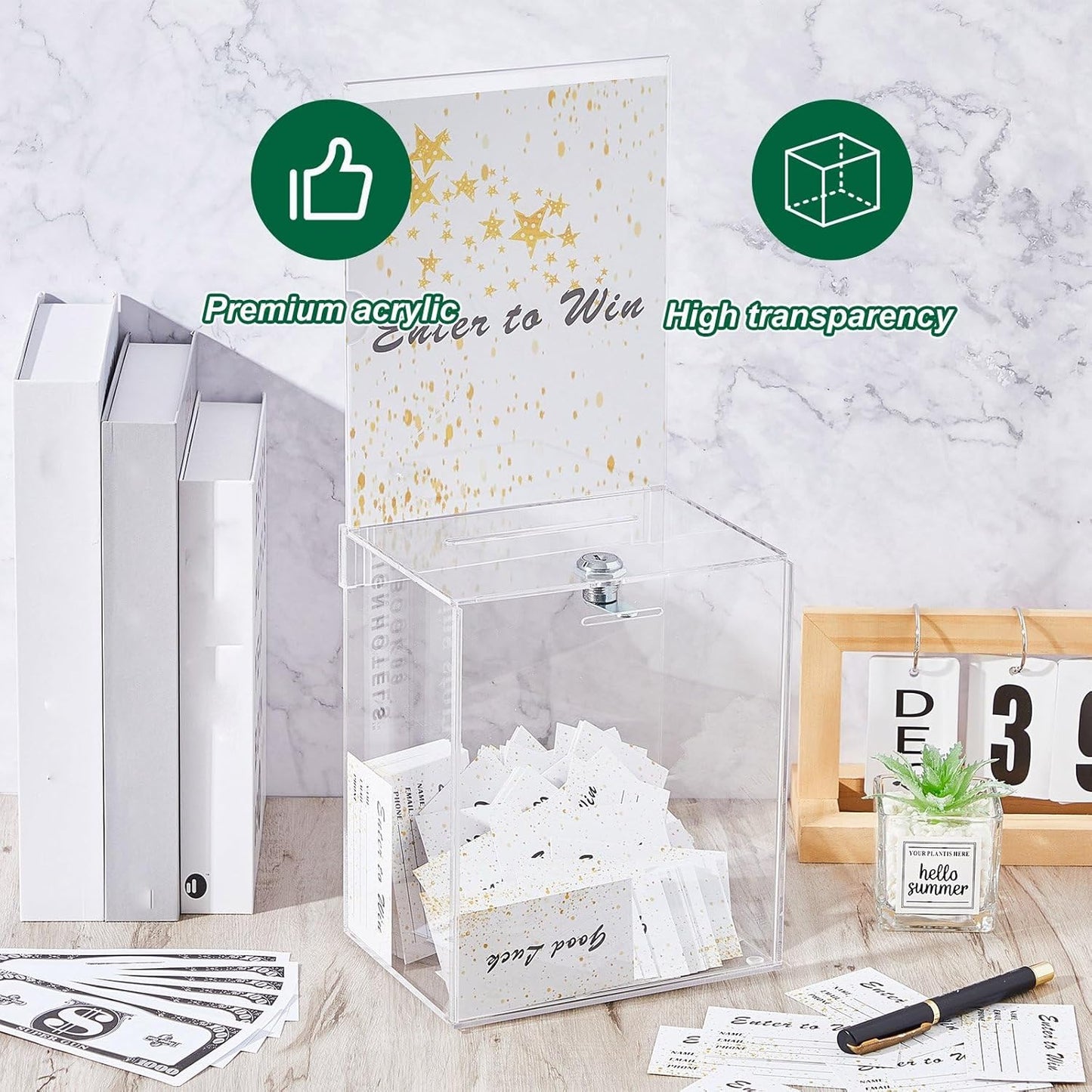 Teling 2 Pcs Tall Acrylic Donation Box with Lock and Sign Plate 6.7 x 5 x 8 Inches Safe Suggestion Box and 200 Pcs Raffle Tickets Cards for Voting, Charity, Collection Supplies(Clear)