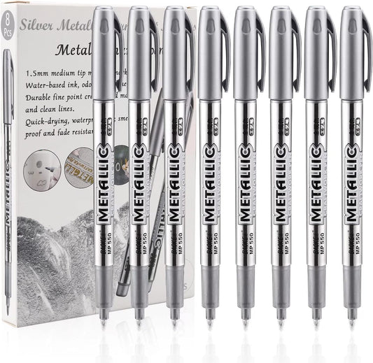 LOONENG Silver Permanent Marker, Fine Point, Acid Free, Non-Toxic Ink, Quick Drying, Ideal for Adult Coloring, Crafts, Gift Cards, Fabric, Photo Albums, 8 Count